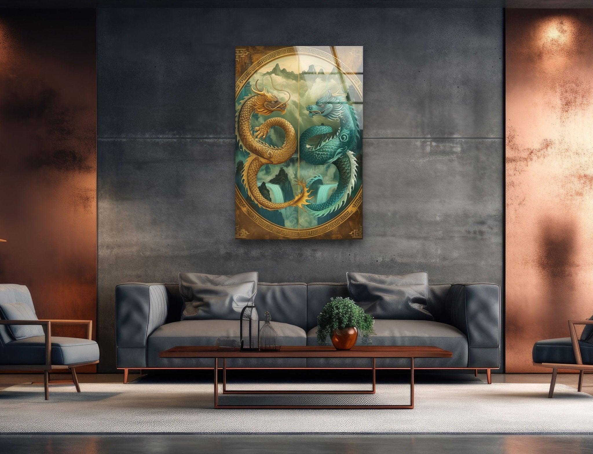 Ao Kuang & Ao Shun Chinese Dragon Glass Wall Art - Elegant Home Decor for Living Room, Bedroom, or Office