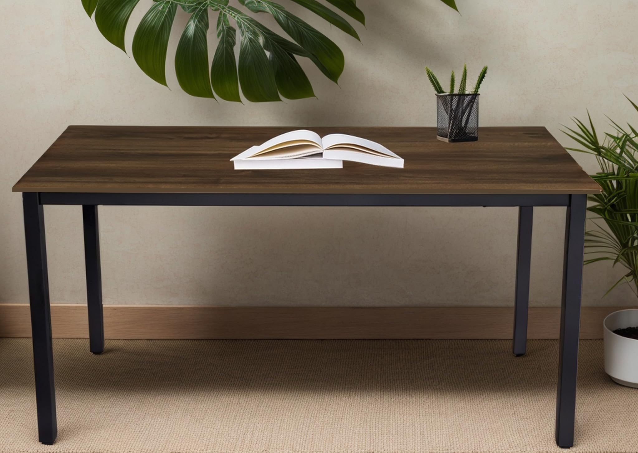 55 Inch Large Computer Desk Wood - Modern Simple Style Home Office Desk for Bedroom, Study & Small Spaces - Black Metal Frame with Walnut Top - Perfect for Remote Work, Gaming & Online Learning