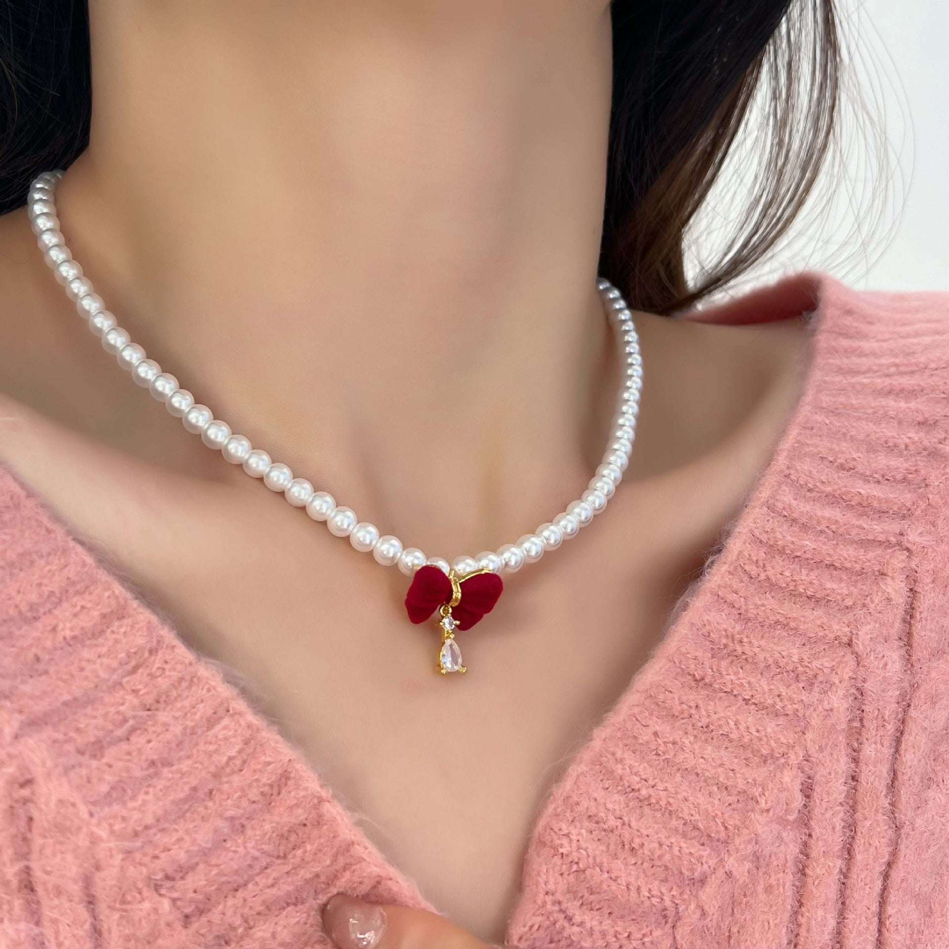 Elegant Red Bow Pearl Beaded Choker Necklace for Women - Vintage Fashion Jewelry Gift for Brides, Prom, Parties & Special Occasions