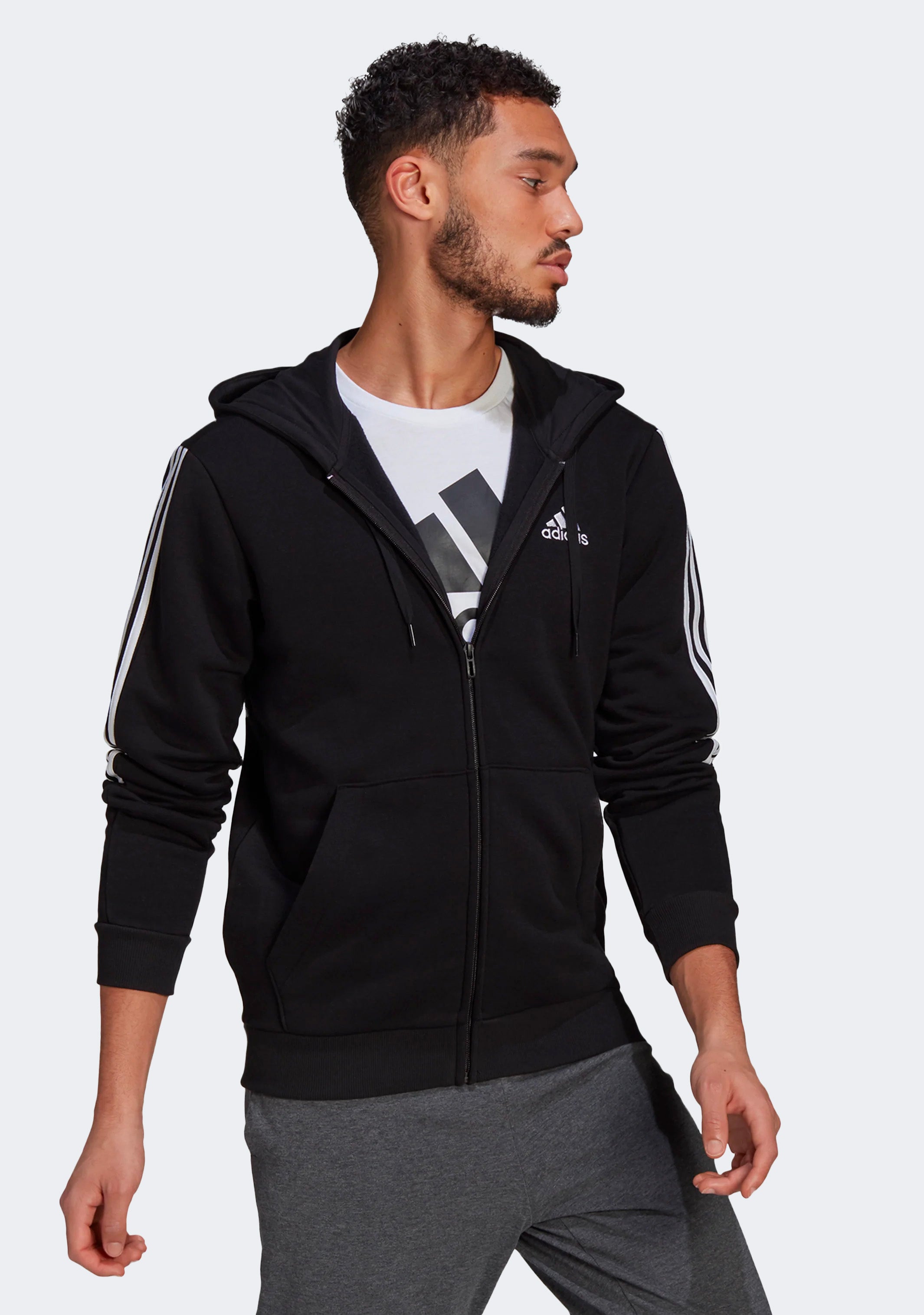 Adidas Men's Essentials 3-Stripes Fleece Full-Zip Hoodie - Warm & Comfortable Winter Jacket for Casual Wear, Gym, and Outdoor Activities