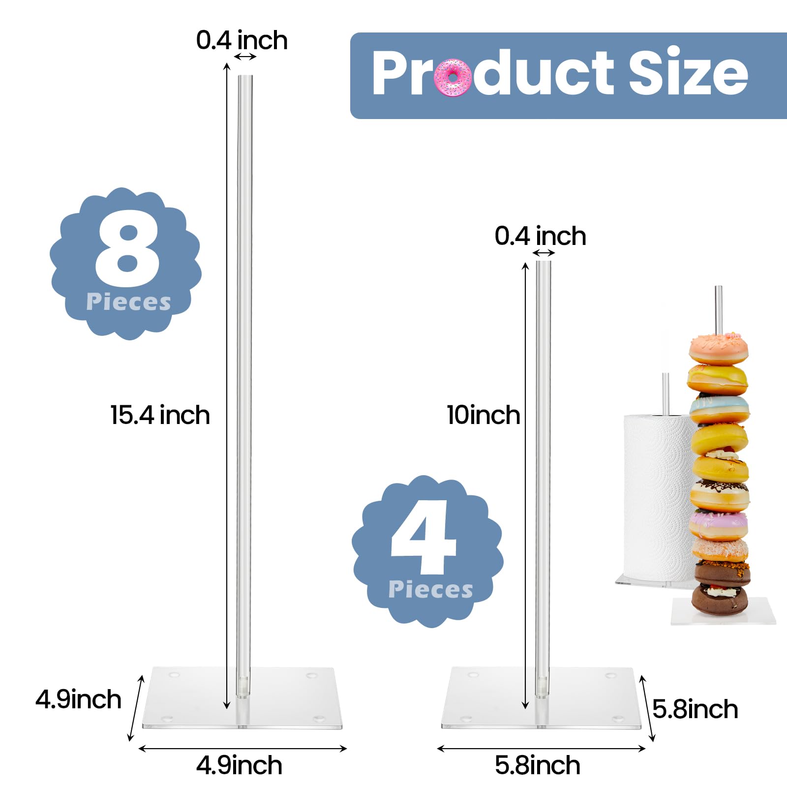 12 Pack Acrylic Donut Stands - 15.4 Inch & 10 Inch Clear Donut Display Holders with Removable Tower for Bagels, Cupcakes - Perfect for Birthday, Wedding, Baby Shower Party Decor & Bakery Display