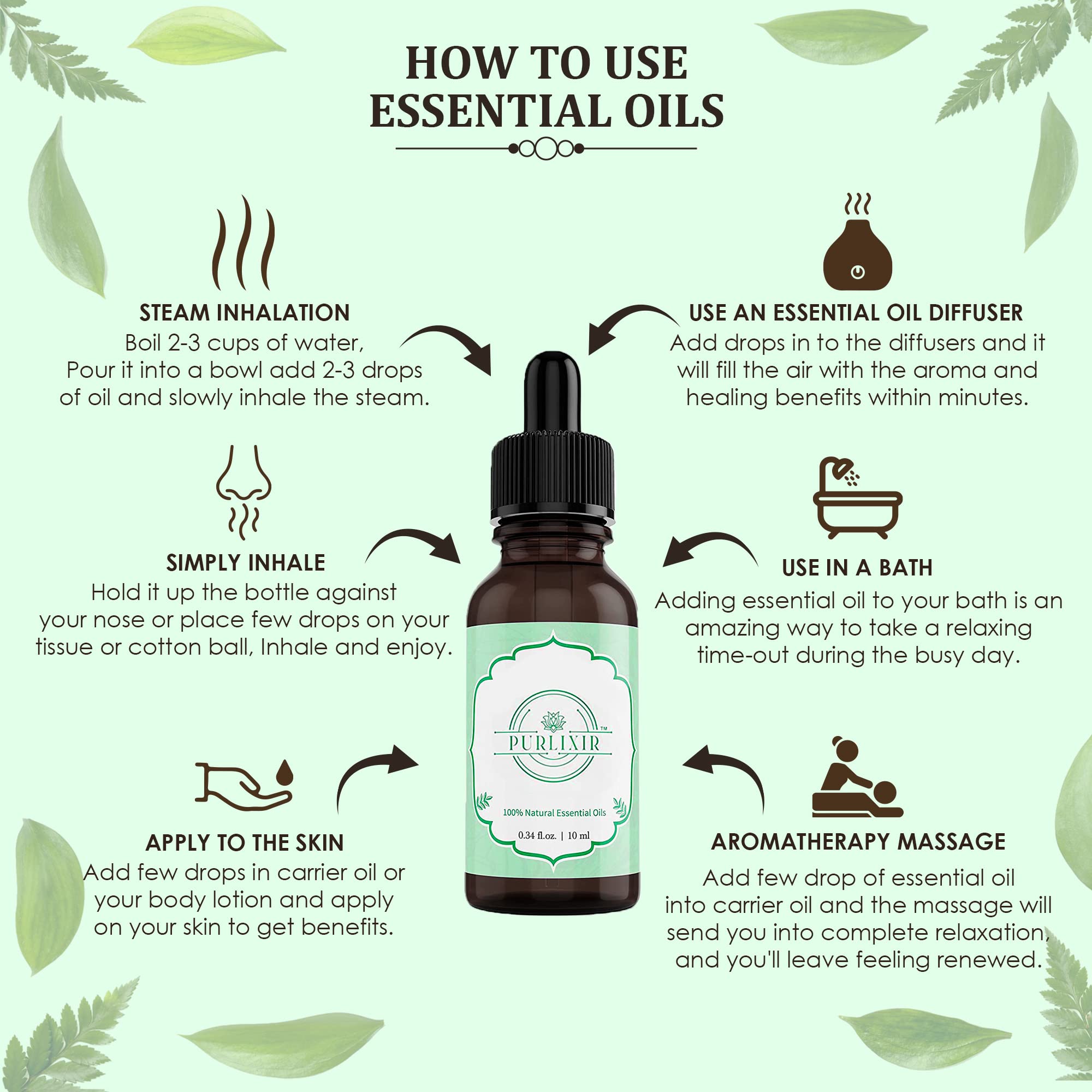Purlixir 100% Pure Natural Organic Peppermint Essential Oil - 10ml | Stimulates Healthy Skin, Hair & Scalp | Cooling & Refreshing Care for Face & Body | Perfect for Aromatherapy, Massage & DIY Beauty Products