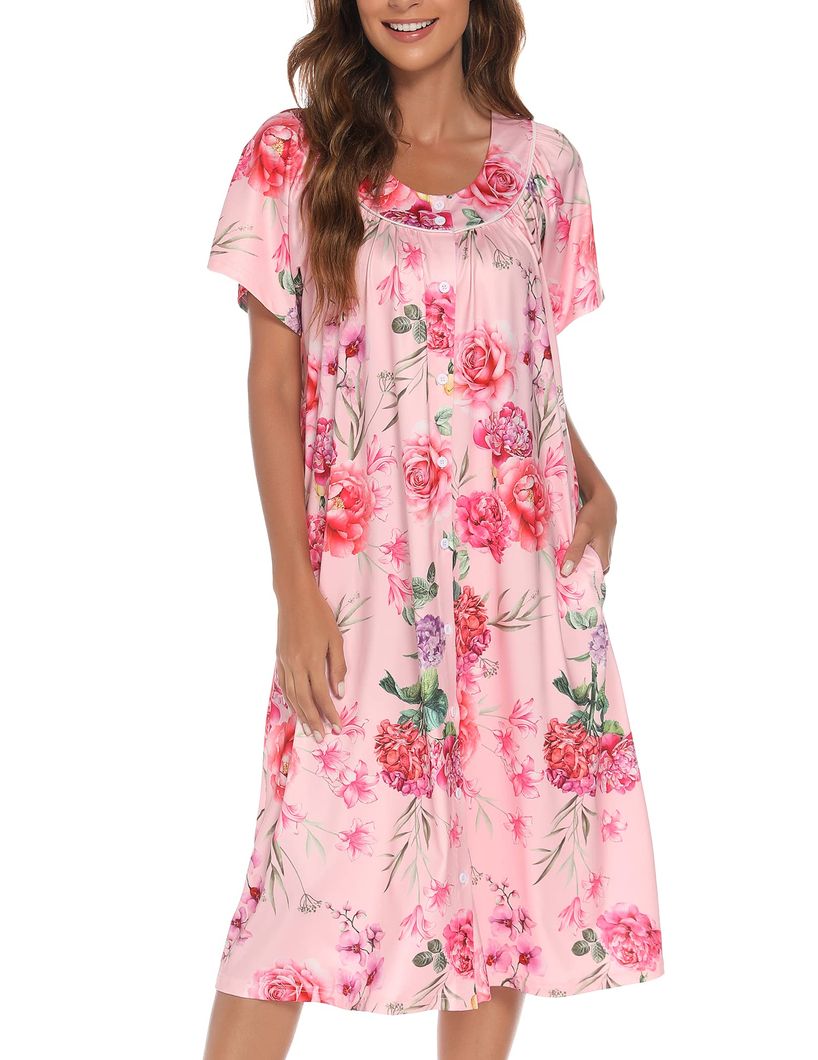 YOZLY Women's Short Sleeve House Dress - Comfortable Mumu Duster Robe with Pockets | Perfect for Lounging at Home, Morning Coffee & Relaxing Weekends