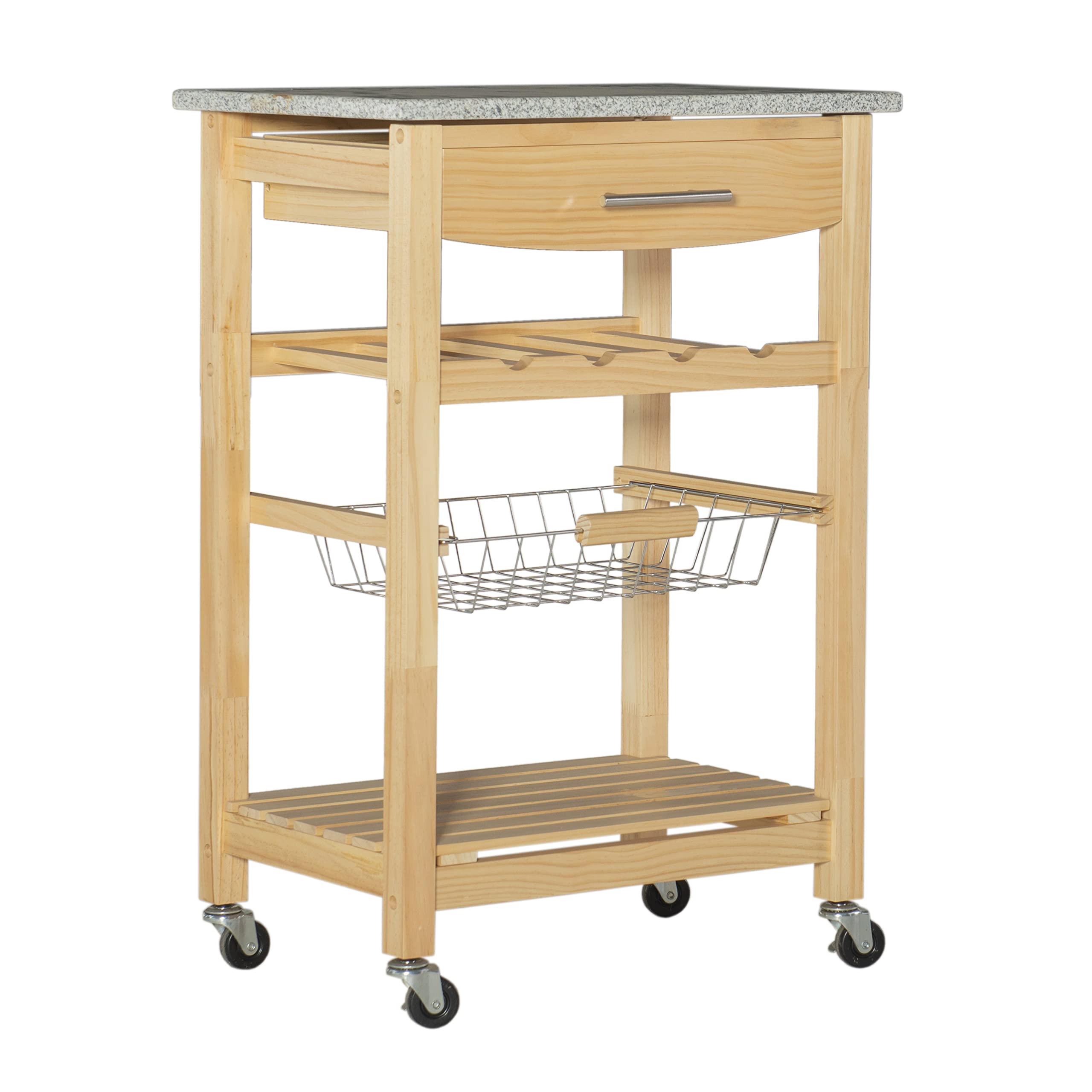 Linon Mila Natural Granite Kitchen Island with Storage Basket & Wheels - Mobile Kitchen Cart for Small Spaces, Food Prep & Extra Counter Space