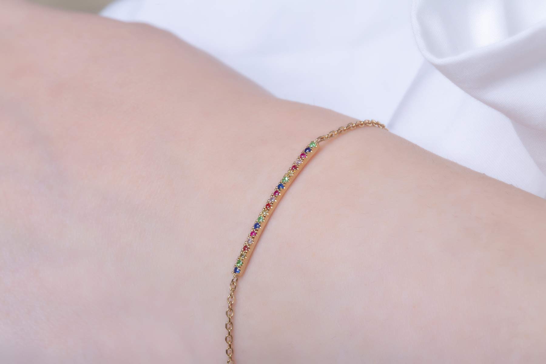 Elegant 9K/14K/18K Solid Gold Rainbow Sapphire Bar Bracelet for Women - Dainty Multicolor Gemstone Jewelry Box Gift - Perfect for Anniversaries, Birthdays & Special Occasions