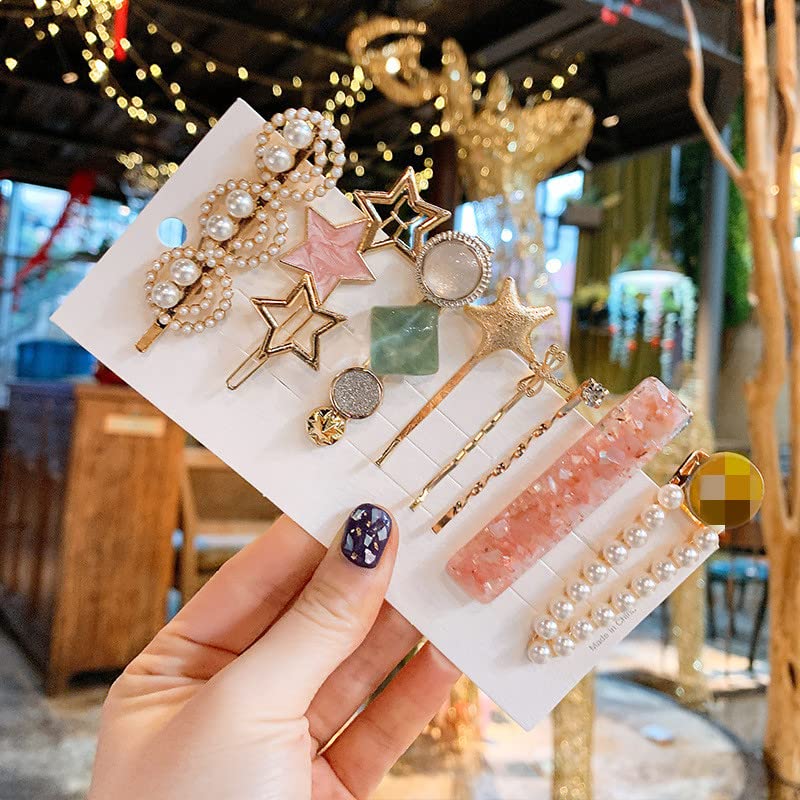 Korean Style Pearl Barrettes & Hair Clips for Women - 16pcs Marble Alligator Bobby Pins & Duckbill Hairpins Set - Elegant Hair Accessories for Parties, Weddings & Daily Wear