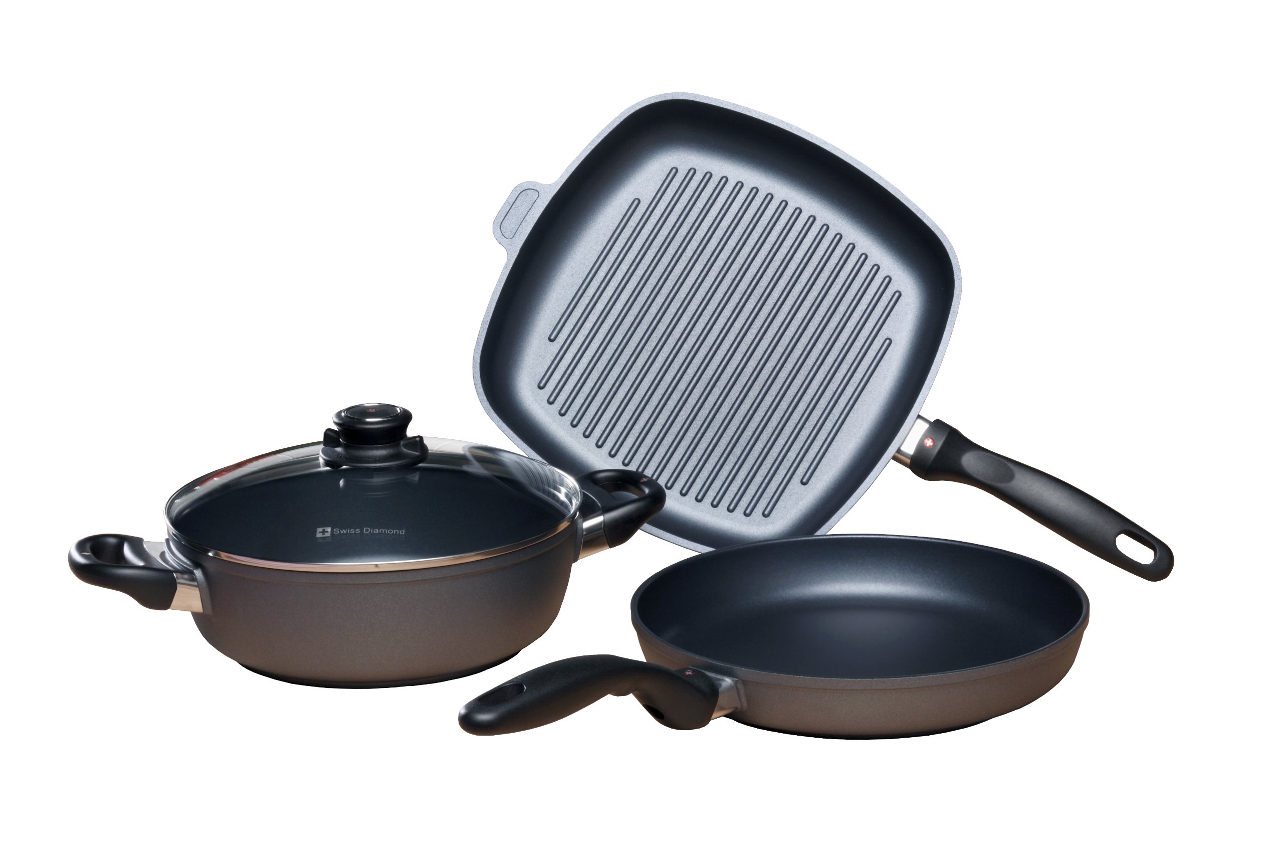 Swiss Diamond 4-Piece Nonstick Cookware Set - Diamond Coated Aluminum Casserole Pan with Lid & Grill Fry Pan | Oven & Dishwasher Safe (Grey) | Perfect for Sautéing, Grilling & Baking at Home