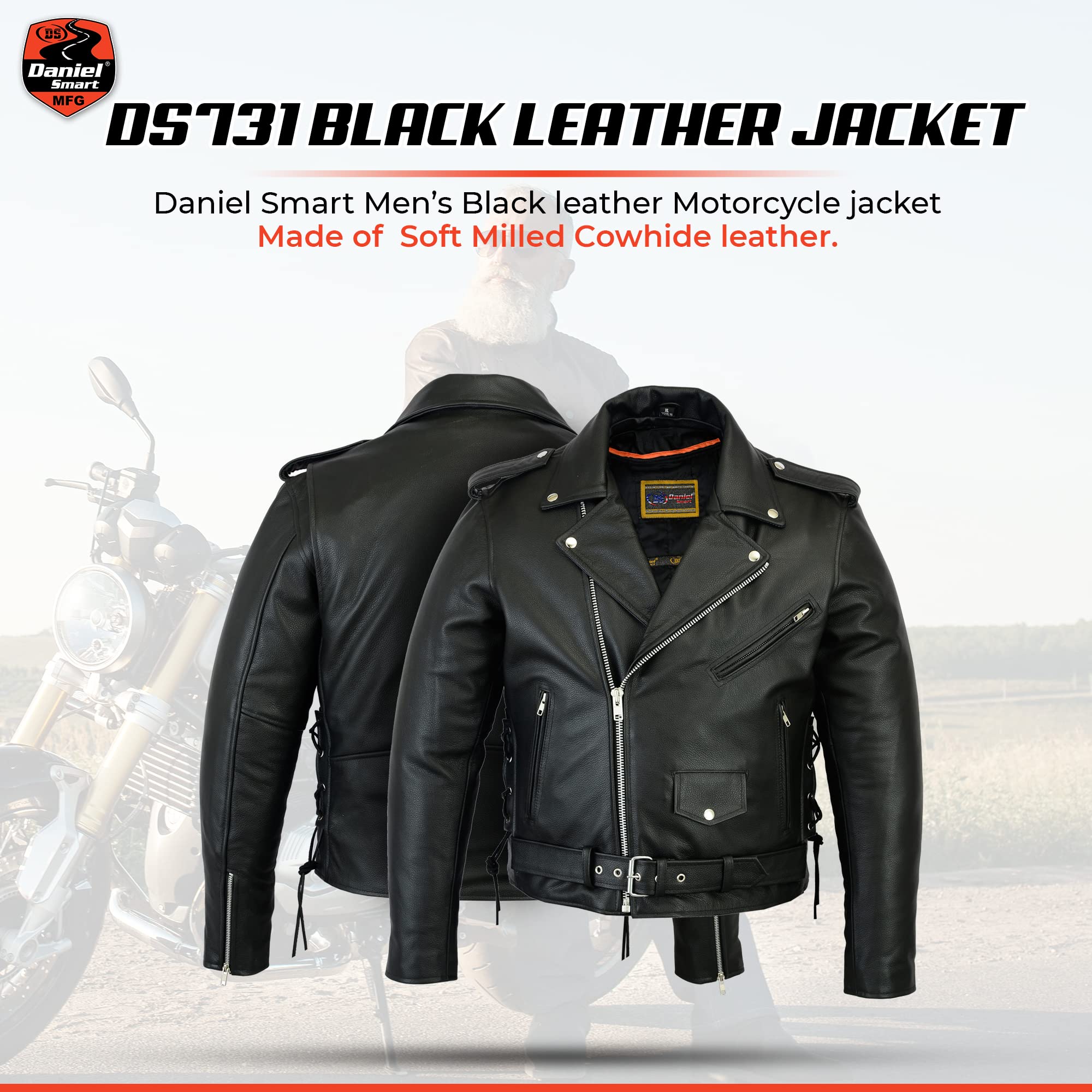 Daniel Smart Classic Men's Leather Motorcycle Jacket - Side Laces Design & Hidden Armory Pockets | Durable Biker Jacket for Riding, Casual Wear & Outdoor Adventures