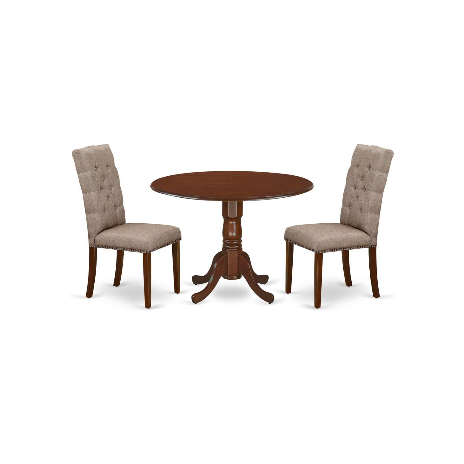 East West Furniture 3-Piece Kitchen Table Set with Round Drop-Leaf Dining Table & 2 Dark Khaki Linen Upholstered Chairs, 42x42 Inch, Mahogany - Perfect for Small Spaces, Breakfast Nooks & Cozy Dining Areas