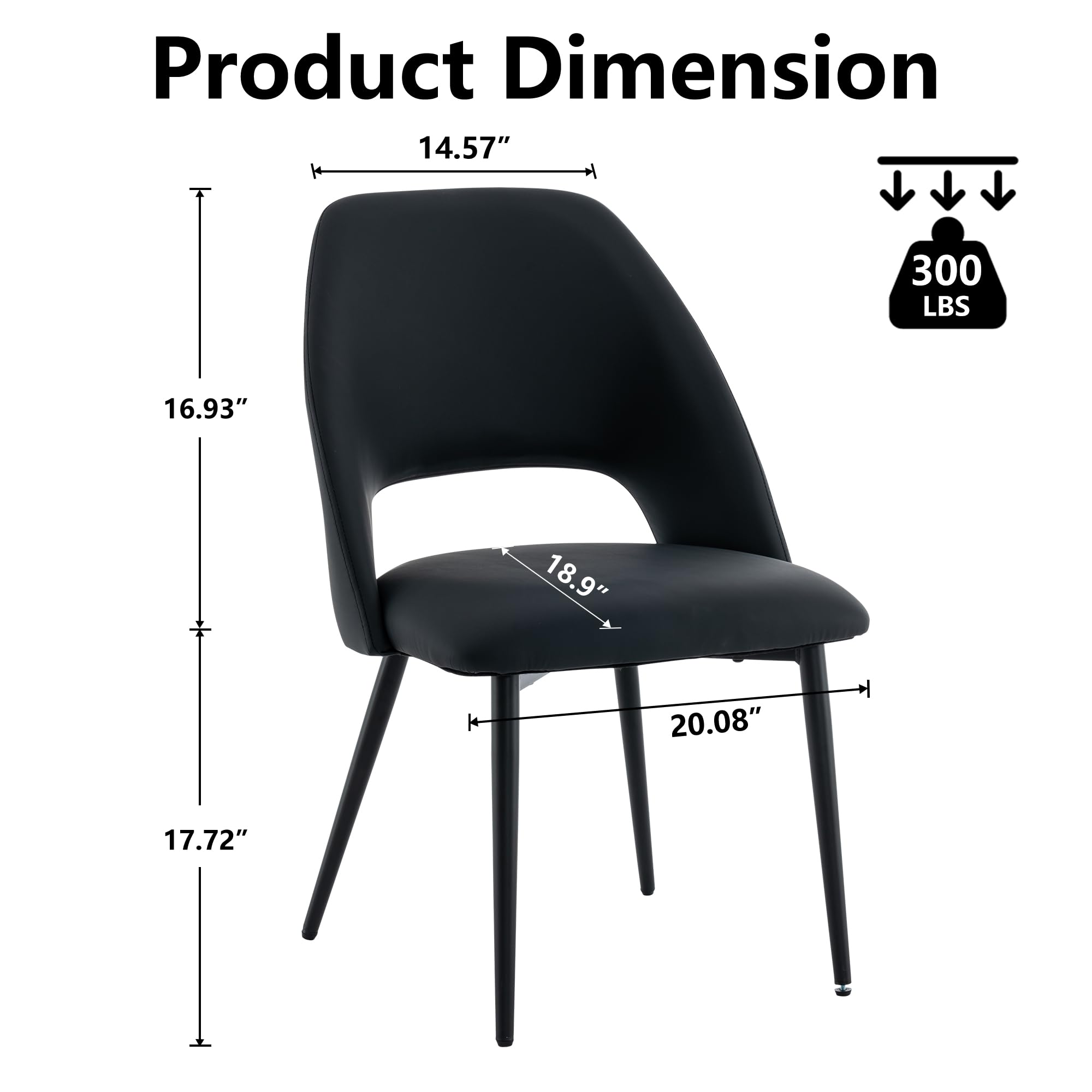 Rowill Mid Century Modern Dining Chairs Set of 2 - Black Faux Leather Upholstered Kitchen Chairs with Metal Legs for Dining Room, Living Room & Bedroom - Perfect for Small Spaces & Modern Home Decor