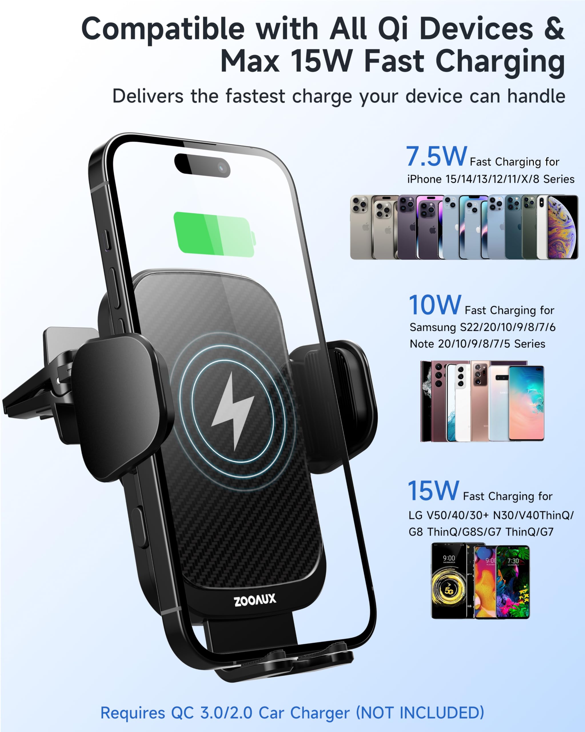 ZOOAUX 15W Fast Wireless Car Charger Vent Mount - Auto-Clamping Phone Holder for iPhone 15/15 Pro/14/13/XS/XR/X/8 & Samsung S24/S23/S22/S21/S10 - Secure Charging While Driving (Black)