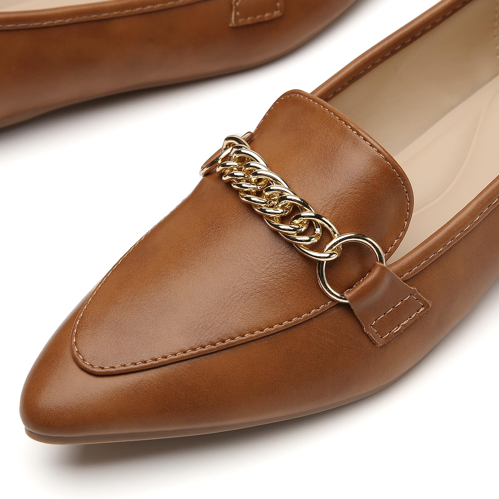 Stylish Women's Pointed Toe Metal Chain Loafers - Comfortable Slip-On Flats for Work & Office | Fashionable Dress Shoes for Business Casual & Professional Outfits