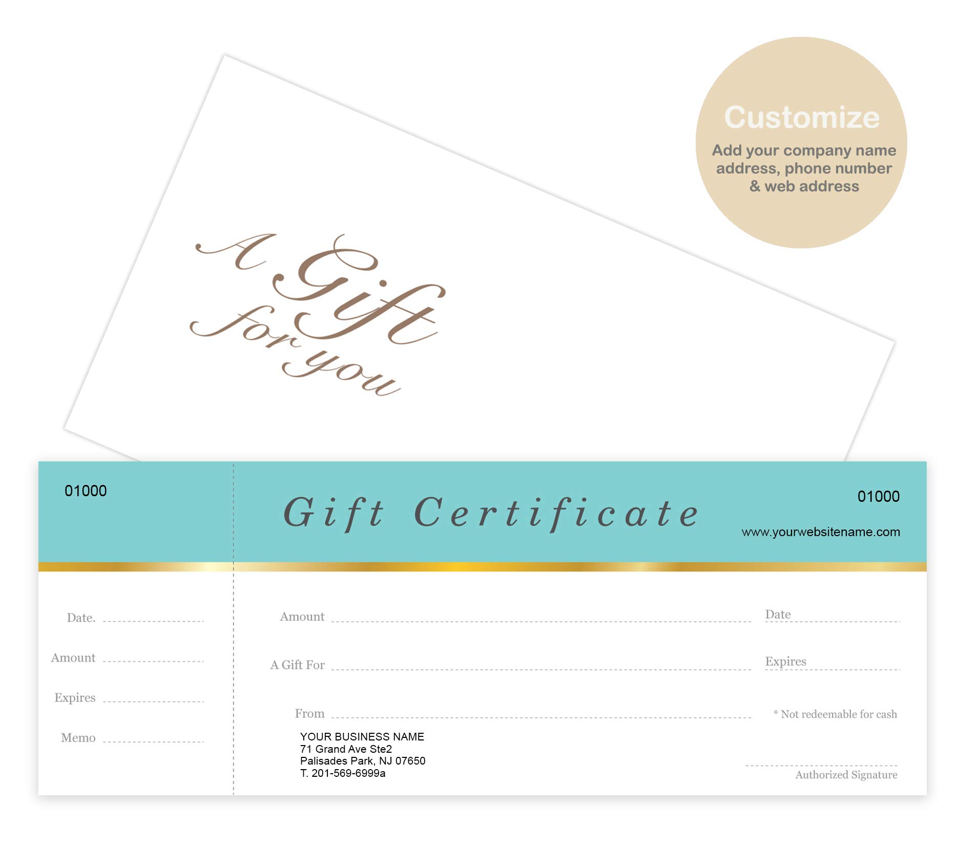 Custom Gift Certificate Cards with Envelopes - 100 Pack Aqua Blue - Personalized Business Gift Vouchers for Retail, Spa & Restaurant Rewards