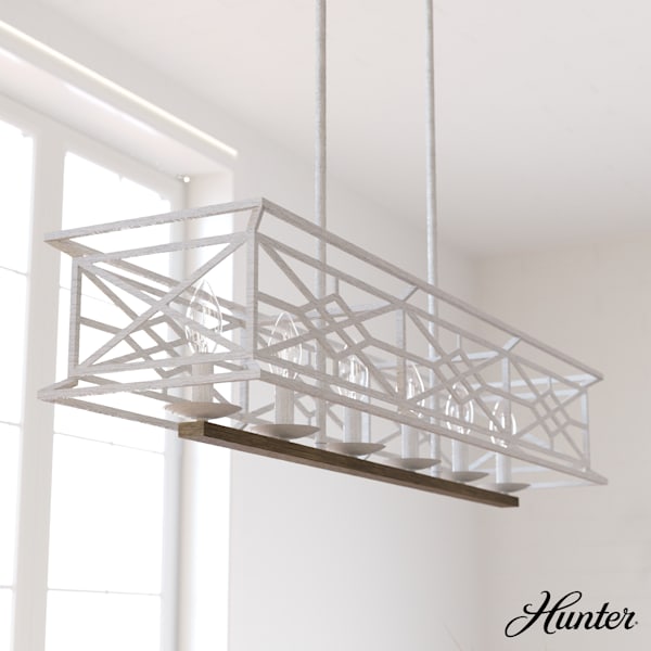 Hunter Langwood 6-Light Linear Chandelier in Distressed White - Modern Farmhouse Lighting for Dining Room, Kitchen Island & Entryway