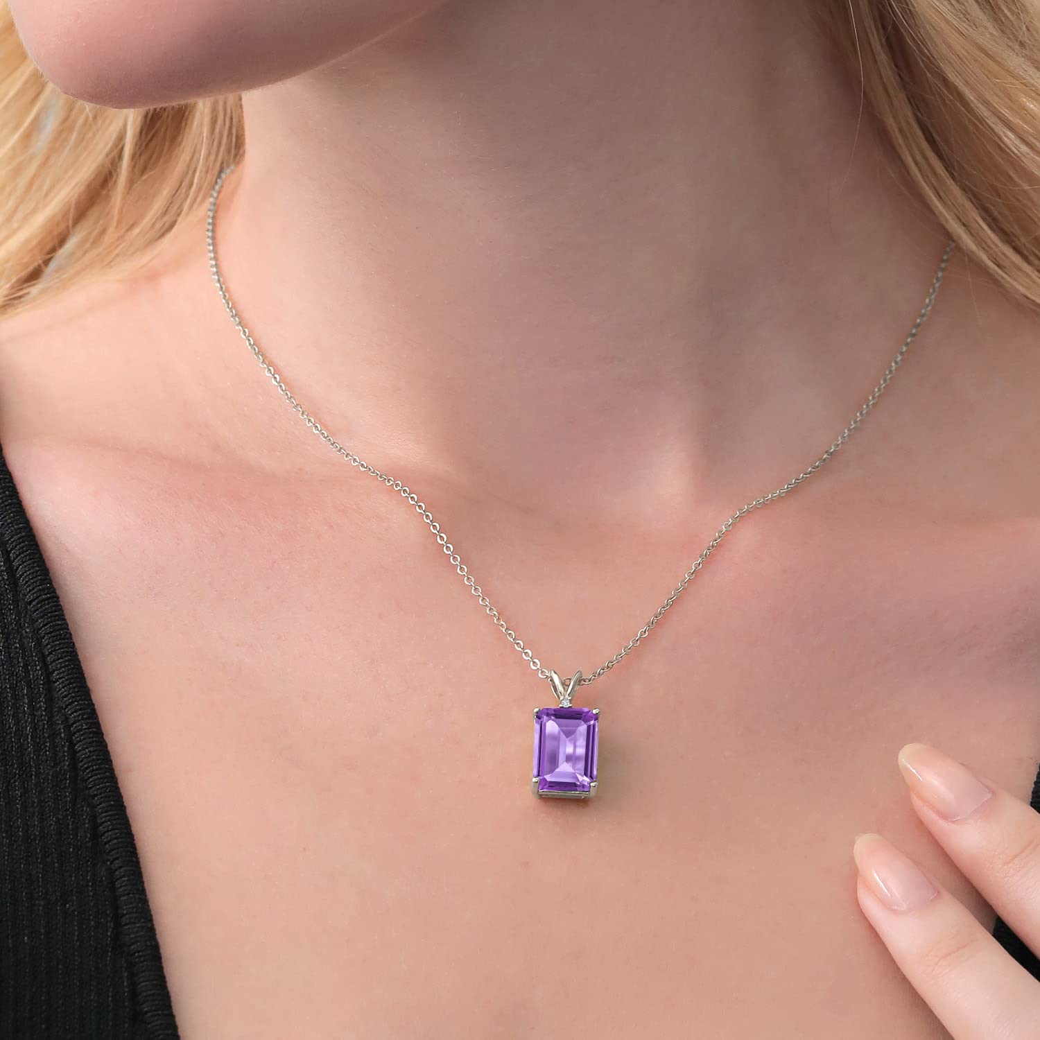 Emerald Cut Gemstone and White Diamond Pendant Necklace for Women | 14X10MM Birthstone Jewelry | 925 Sterling Silver with 18 Inch Chain | Elegant Gift for Anniversary, Birthday & Special Occasions