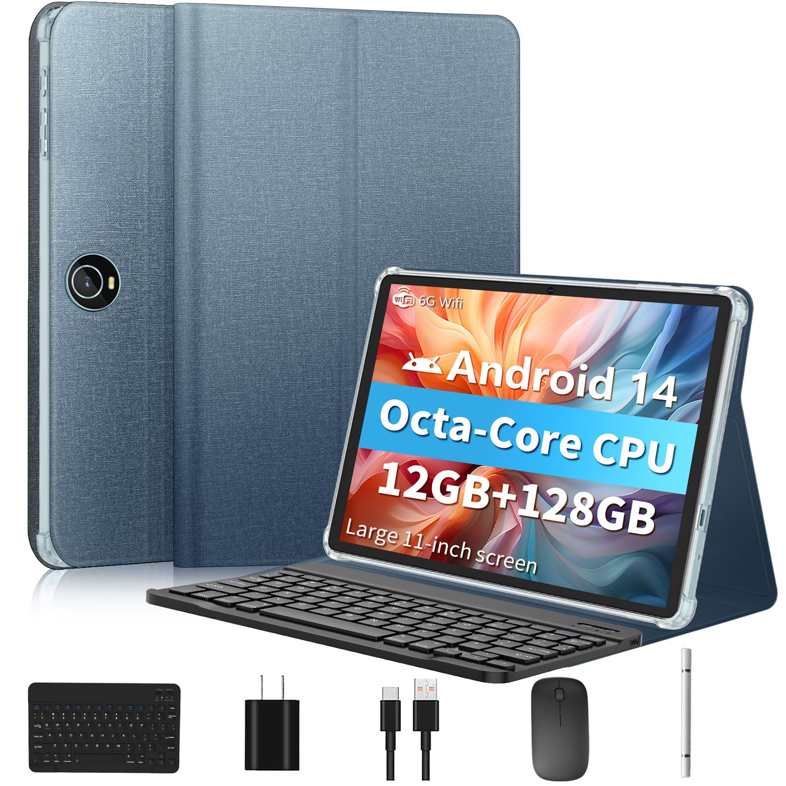 2024 New 11 Inch Android 14 Tablet with Keyboard & Case - GMS Certified Octa-Core Tablet PC, 12GB RAM 128GB ROM (Expandable to 1TB), 8000mAh Battery, Fast Charging, 5G WiFi, BT5.0, FM, GPS - Perfect for Work, Study & Entertainment (Blue)