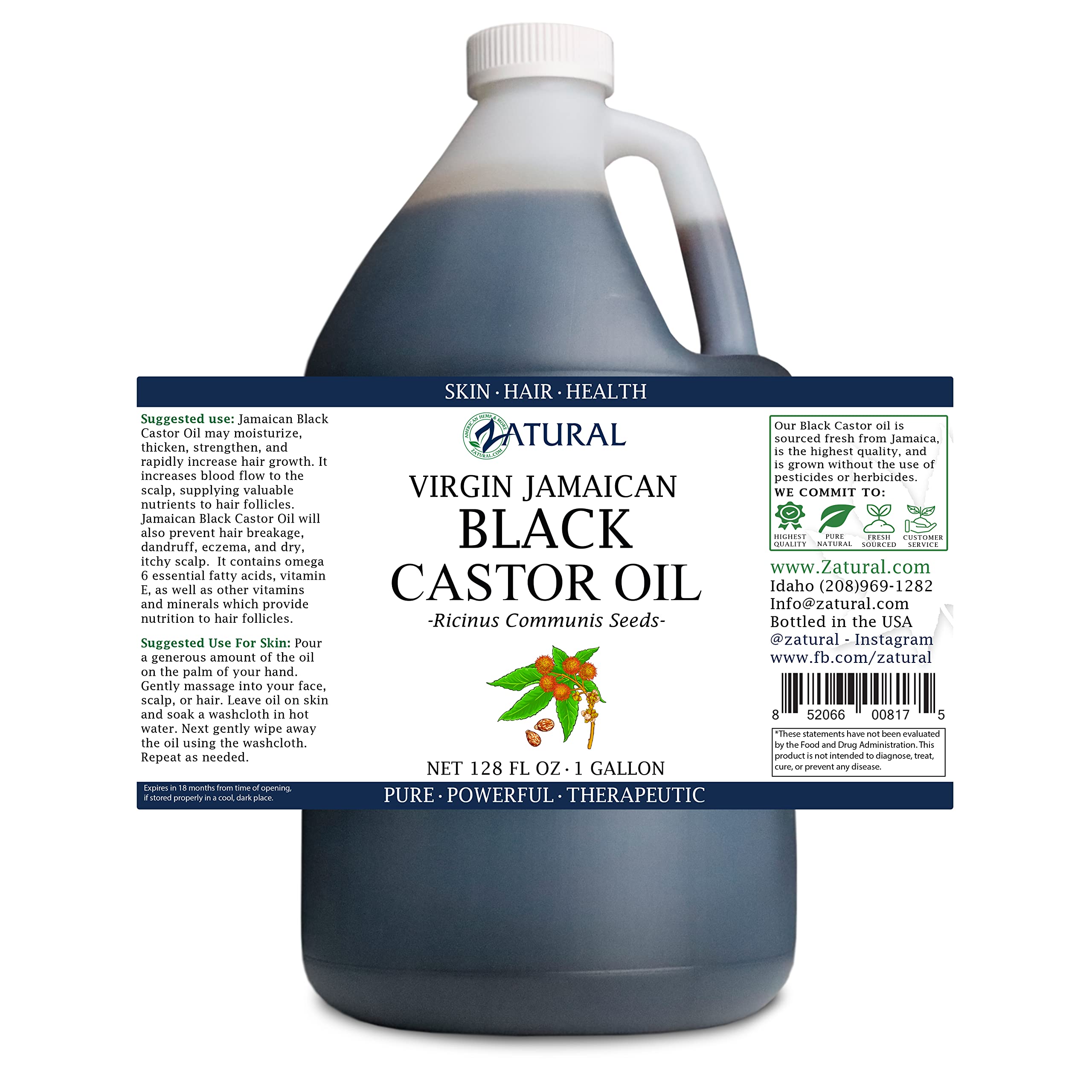 Zatural 100% Pure Jamaican Black Castor Oil (1 Gallon) - Natural Hair Growth, Skin Moisturizer & Eyelash Treatment - Perfect for DIY Beauty, Hair Care & Massage Therapy