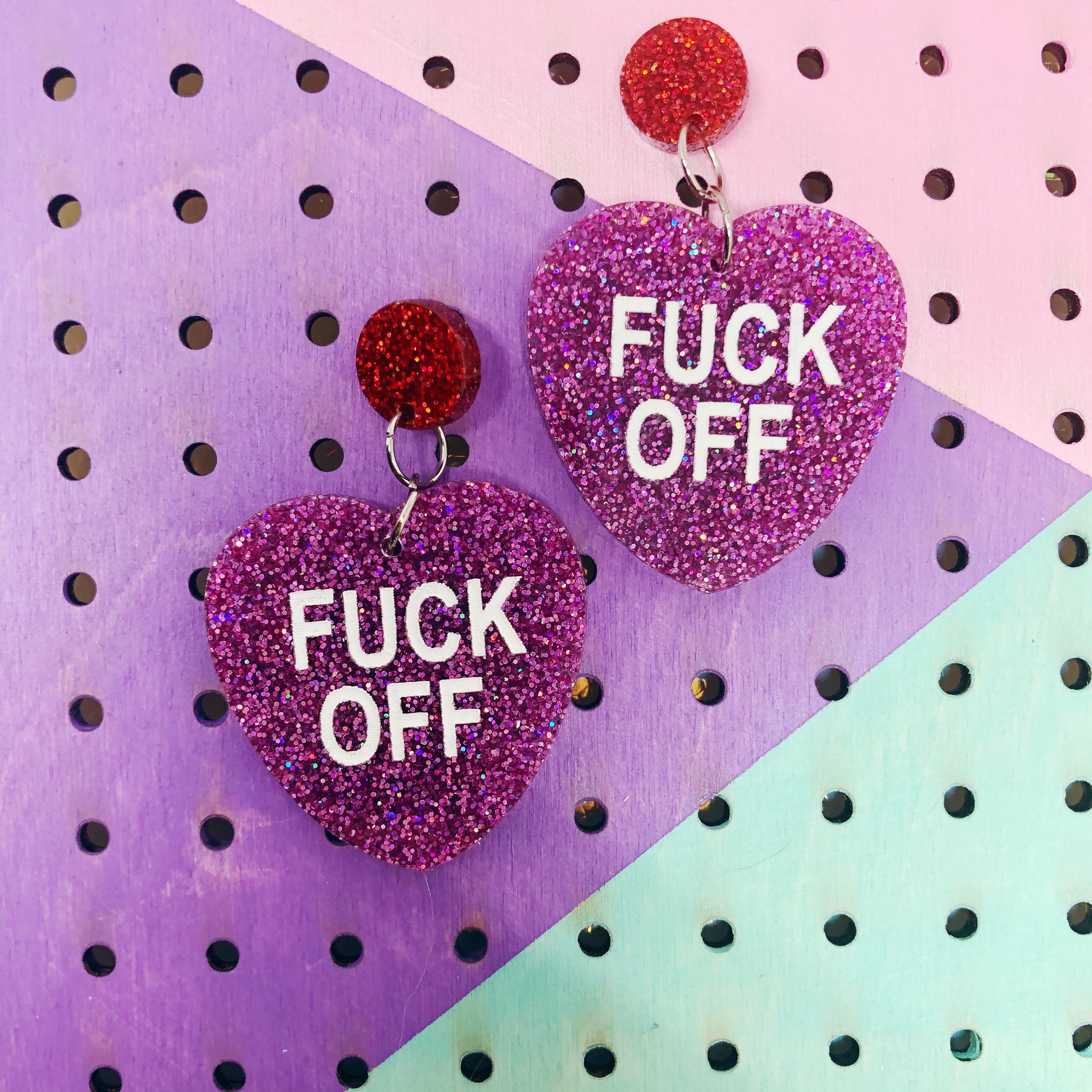 Valentine's Day Fuck Off Glitter Heart Dangle Earrings - Sassy Conversation Jewelry for Women - Perfect for Parties, Gifts & Rebellious Fashion Statements