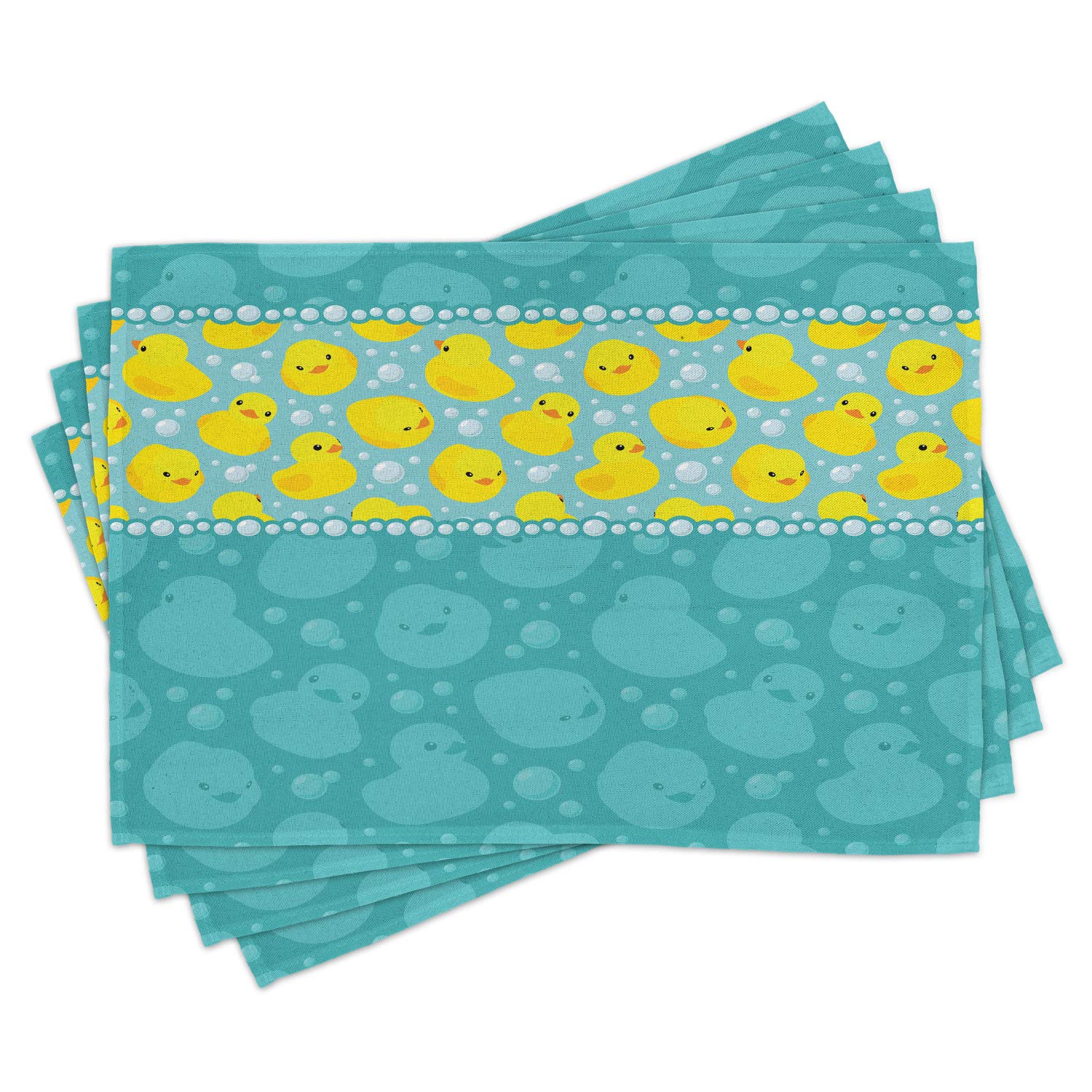 Ambesonne 4-Pack Rubber Duck Place Mats - Yellow Cartoon Duck Swimming in Water with Bubbles Design, Washable Fabric Table Mats for Dining Room & Kitchen Decor in Teal Blue - Perfect for Kids' Parties, Themed Events & Playful Home Decor