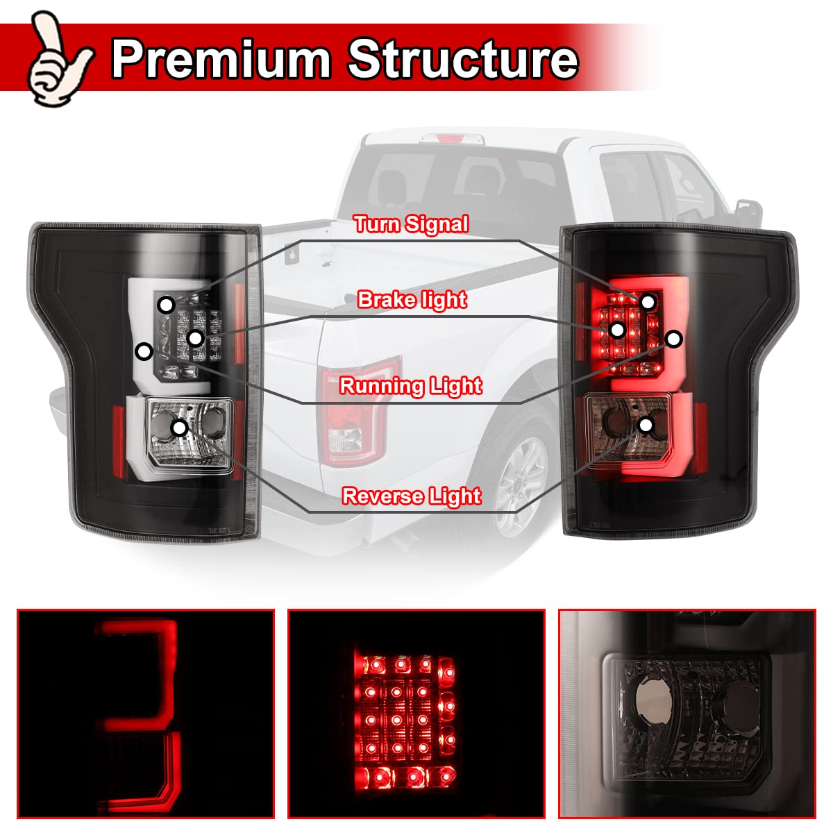 Nixon Offroad LED Tail Lights for Ford F150 2015-2017 - Glossy Black Housing with Clear Lens - Direct Replacement Rear Light Assembly (1 Pair) - Perfect for Off-Roading, Truck Upgrades & Night Driving