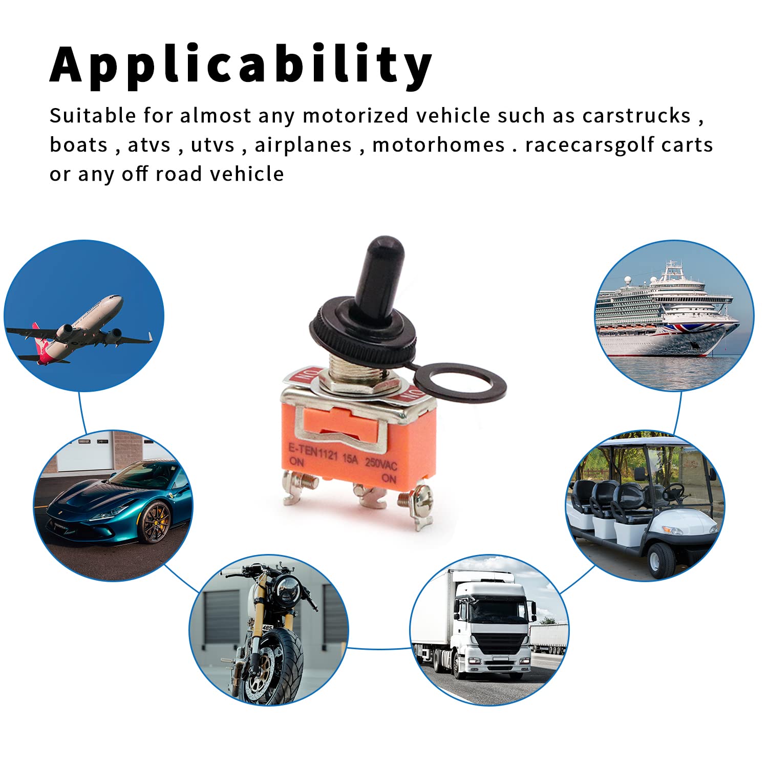 10-Pack Waterproof Toggle Switch - 2 Position 2 Pin ON/Off Metal Heavy Duty Switch (15A 250V) with Waterproof Boot Cap - Ideal for Marine, Automotive, and Outdoor Electrical Applications