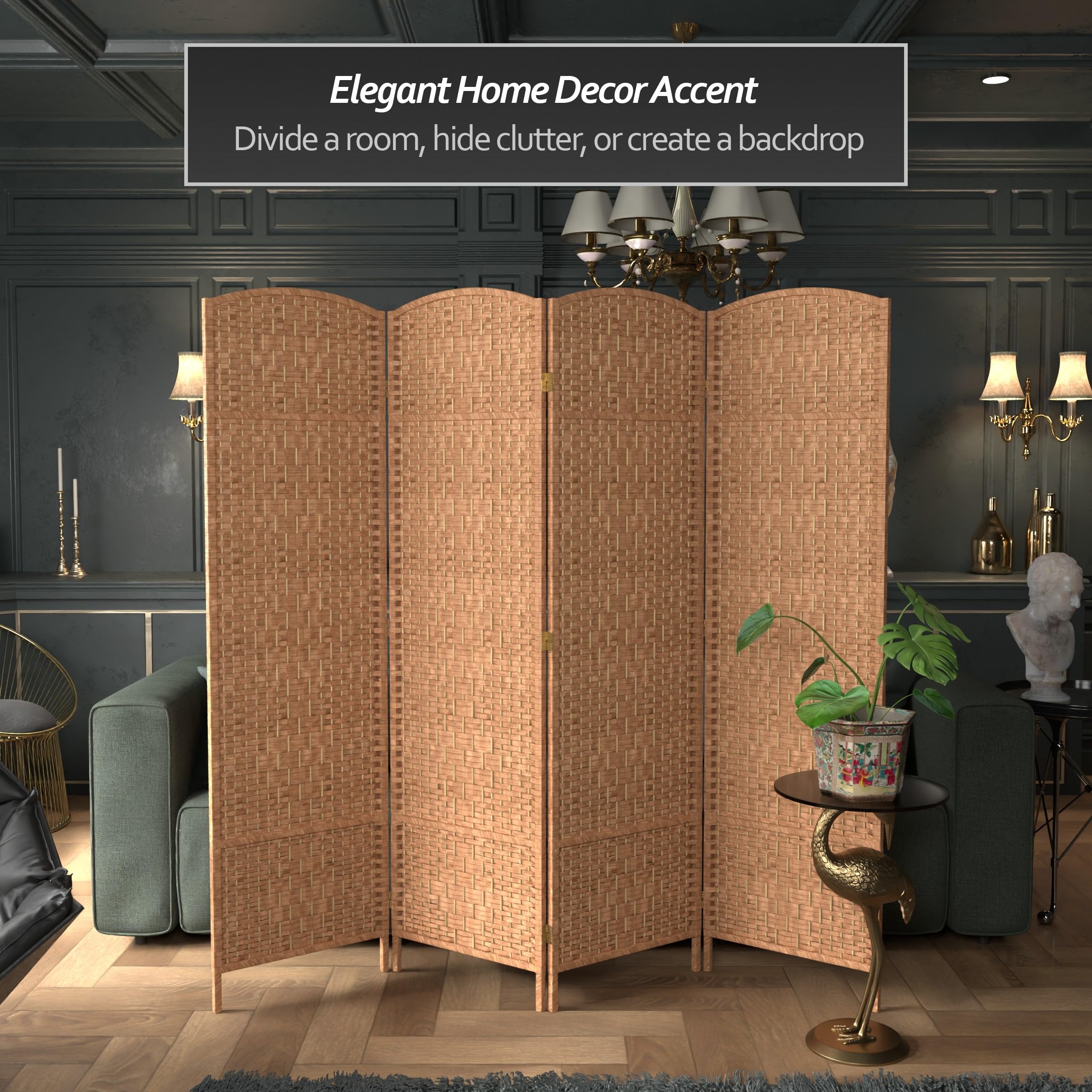 6 ft. Tall Red Diamond Weave Fiber Room Divider - Natural 4-Panel Folding Screen for Home, Office, and Outdoor Privacy Partition