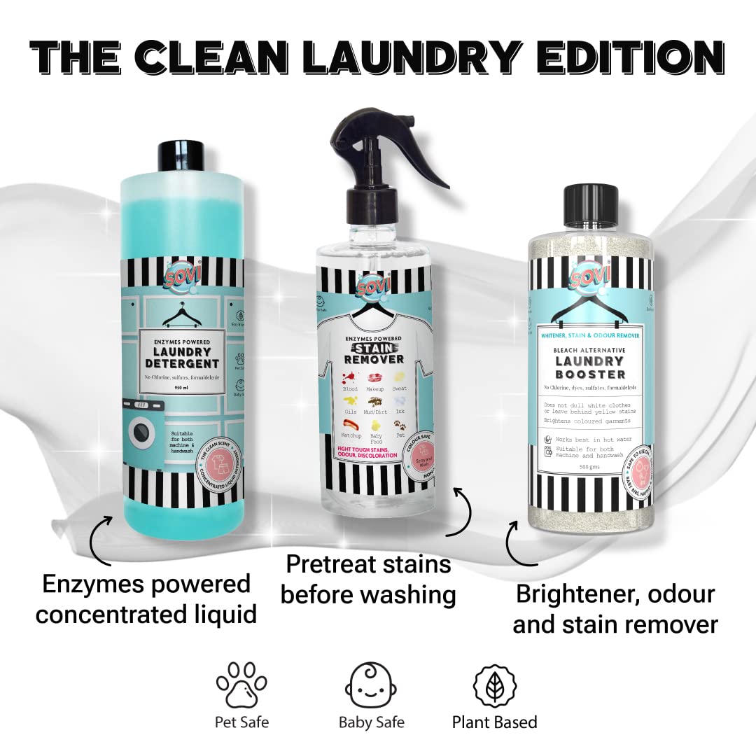 SOVI Bio Enzyme Liquid Laundry Detergent - Eco-Friendly & Biodegradable for Front Load & Top Load Washing Machines (950ml) - Fresh Clean Scent - Ideal for Sensitive Skin & Sustainable Home Cleaning
