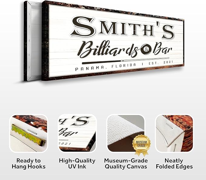 Personalized Billiards Wall Art - Rustic Dark Brown Pool Hall Decor Canvas Sign for Men, Him & Boys - Custom Bar, Outdoor & Patio Decor - 48x16 Inches - Perfect for Game Rooms, Man Caves & Sports Themed Spaces
