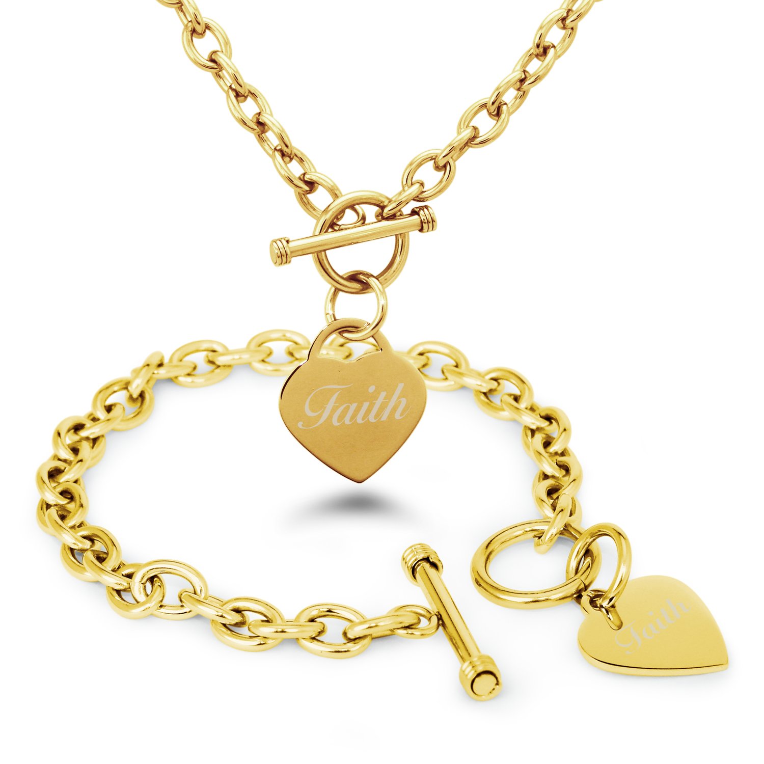 Tioneer Stainless Steel Engraved Faith Heart Charm Bracelet & Necklace Set - Inspirational Jewelry Gift for Women, Religious Christian Gifts for Baptism, Confirmation, Wedding, Christmas