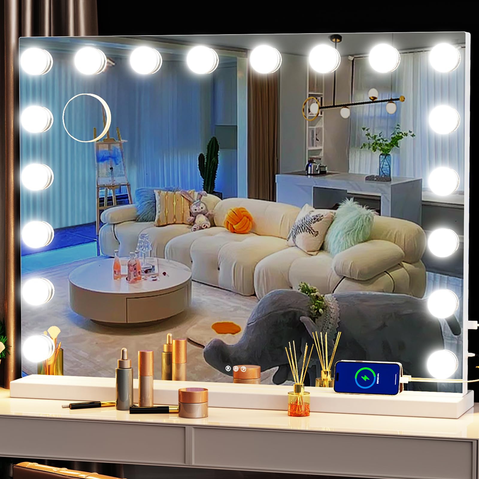 Hollywood Vanity Mirror with Lights - 32 x 24 Inch Tabletop Makeup Mirror with 18 Dimmable LED Bulbs, 3 Color Modes, Touch Control & Metal Frame - Perfect for Dressing Room, Bathroom & Professional Makeup Studio