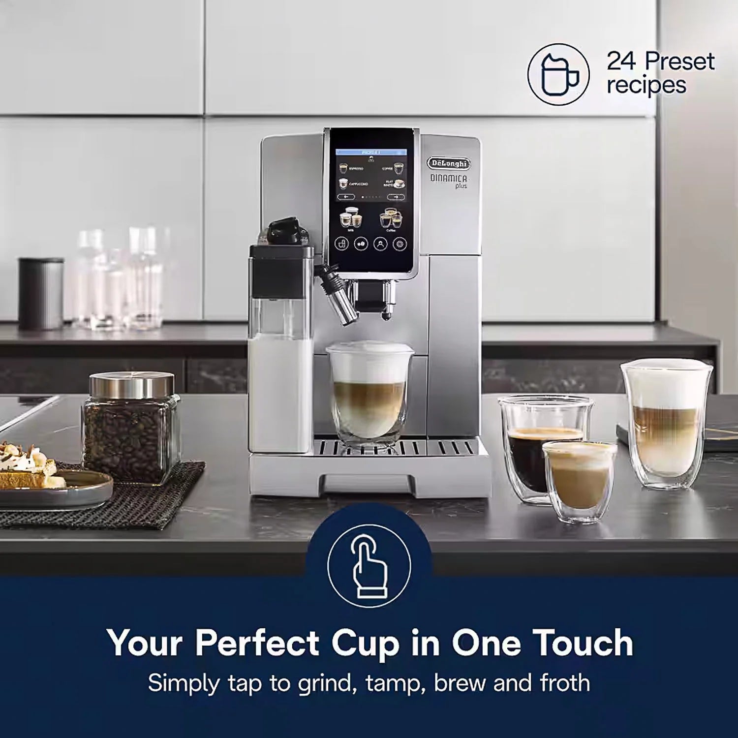 De'Longhi Dinamica Plus Silver Fully Automatic Espresso Coffee Machine - Barista Quality for Home & Office Use