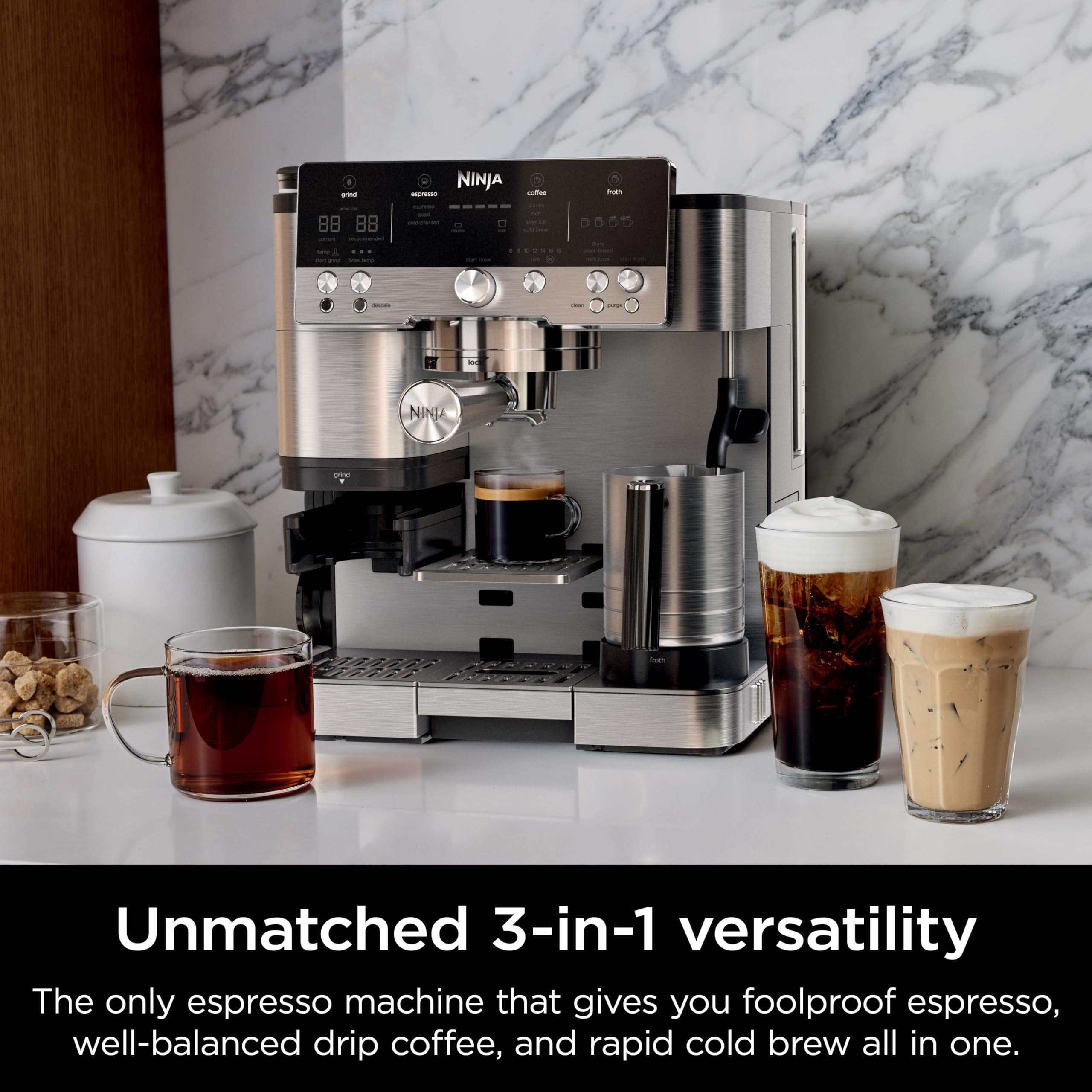 Ninja Luxe Café Premier Series Espresso Machine - 3-in-1 Drip & Cold Brew Coffee Maker with Built-in Grinder, Hands-free Frother for Dairy & Non-Dairy - Perfect for Home Baristas & Office Coffee Stations
