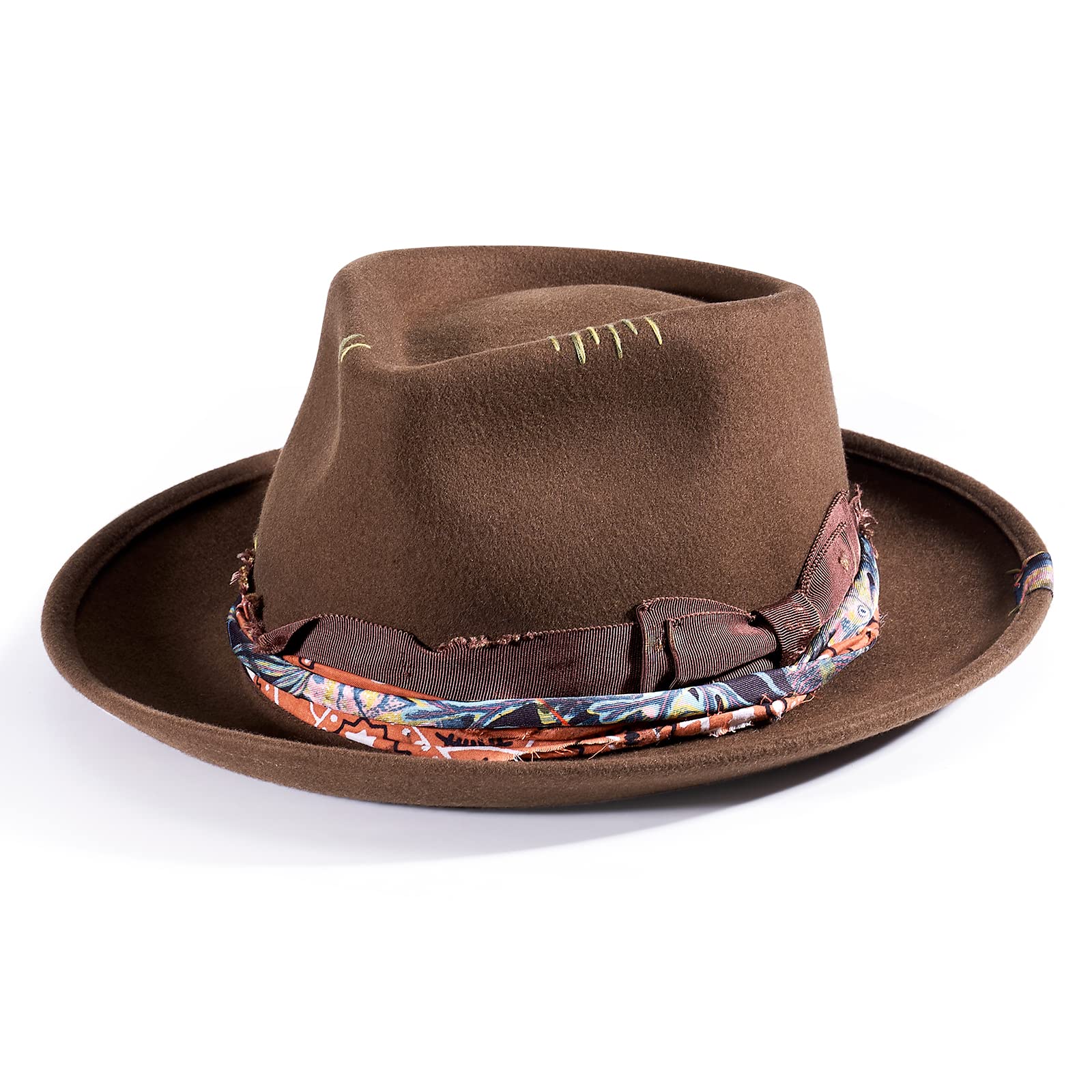 Vintage Wide Brim Fedora Hat for Men & Women - 100% Wool Felt Panama Rancher Hat with Distressed Lightning Logo - Perfect for Western Style, Cowboy Fashion, and Outdoor Adventures