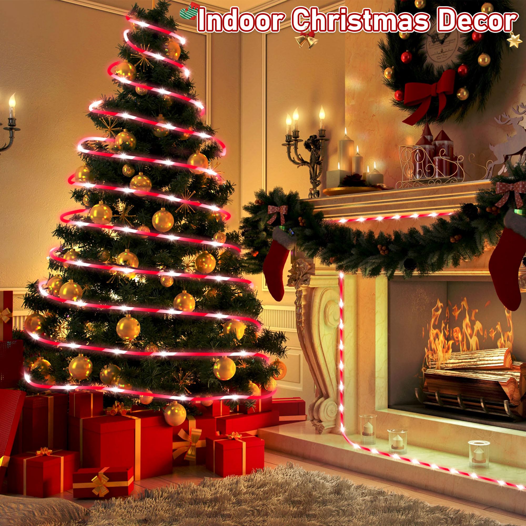 Hiboom Christmas Candy Cane Rope Lights - 65.6ft Waterproof Outdoor Decorative String Lights with 8 Lighting Modes & Timer for Christmas Tree, Fence, Patio, Garden, Yard - Perfect for Holiday Decorations, Parties, and Festive Outdoor Lighting