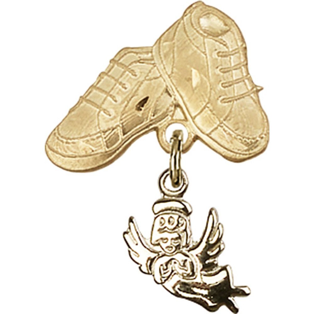 Gold Filled Baby Badge with Guardian Angel Charm & Baby Boots Pin - 1 X 5/8 Inch Tiny Keepsake for Christening, Baby Shower Gifts & Newborn Photo Props