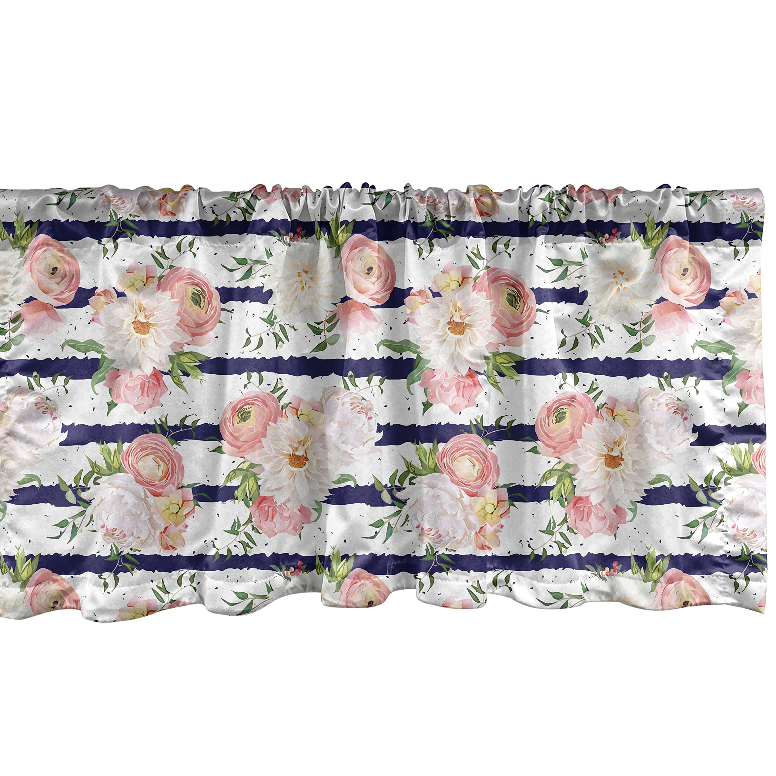 Ambesonne Floral Window Valance - English Garden Theme with Delicate Rose & Peony on Navy Stripes, Rod Pocket Kitchen & Bedroom Curtain Valance 54x12 Inches, Blush Indigo - Perfect for Farmhouse, Cottage & Vintage Home Decor