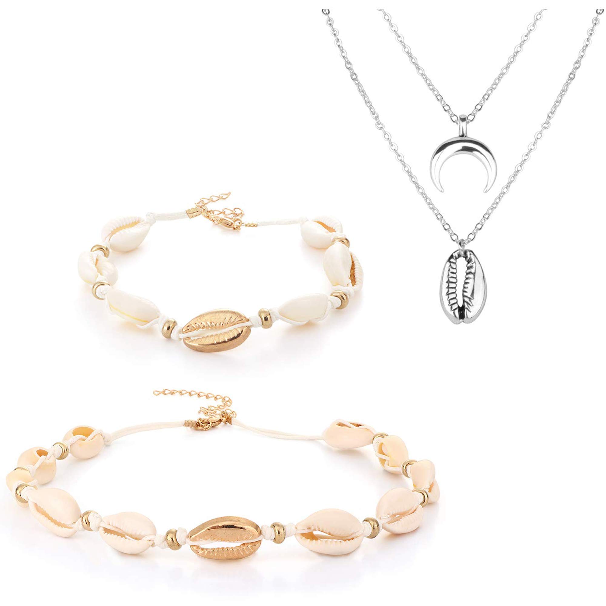 LOYALLOOK Adjustable Cowrie Shell Necklace, Choker, Anklet & Bracelet Set - Natural Boho Beach Jewelry for Women & Girls - Perfect for Hawaii Vacations, Summer Festivals & Boho Fashion