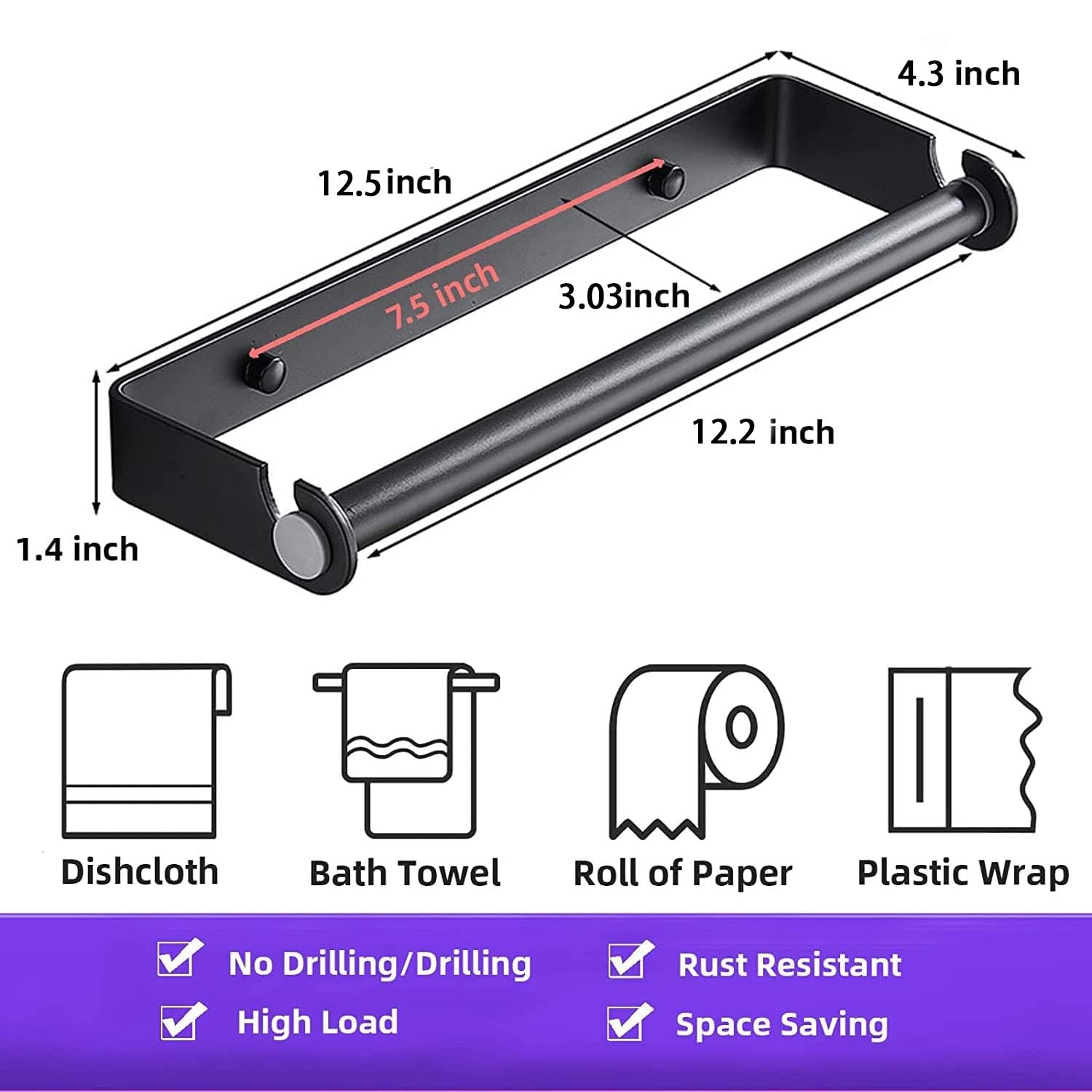 Under Cabinet Paper Towel Holder - Self Adhesive or Screw Mount Kitchen Roll Holder for Pantry, Bathroom & Office (Black) - Space-Saving & Hands-Free Design
