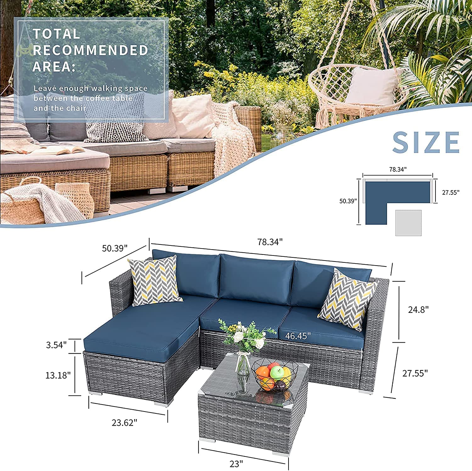 JAMFLY 3-Piece All-Weather Wicker Patio Furniture Set - Outdoor Sectional Sofa with Coffee Table & Cushions, Aegean Blue - Perfect for Backyard, Garden, Poolside & Patio Relaxation