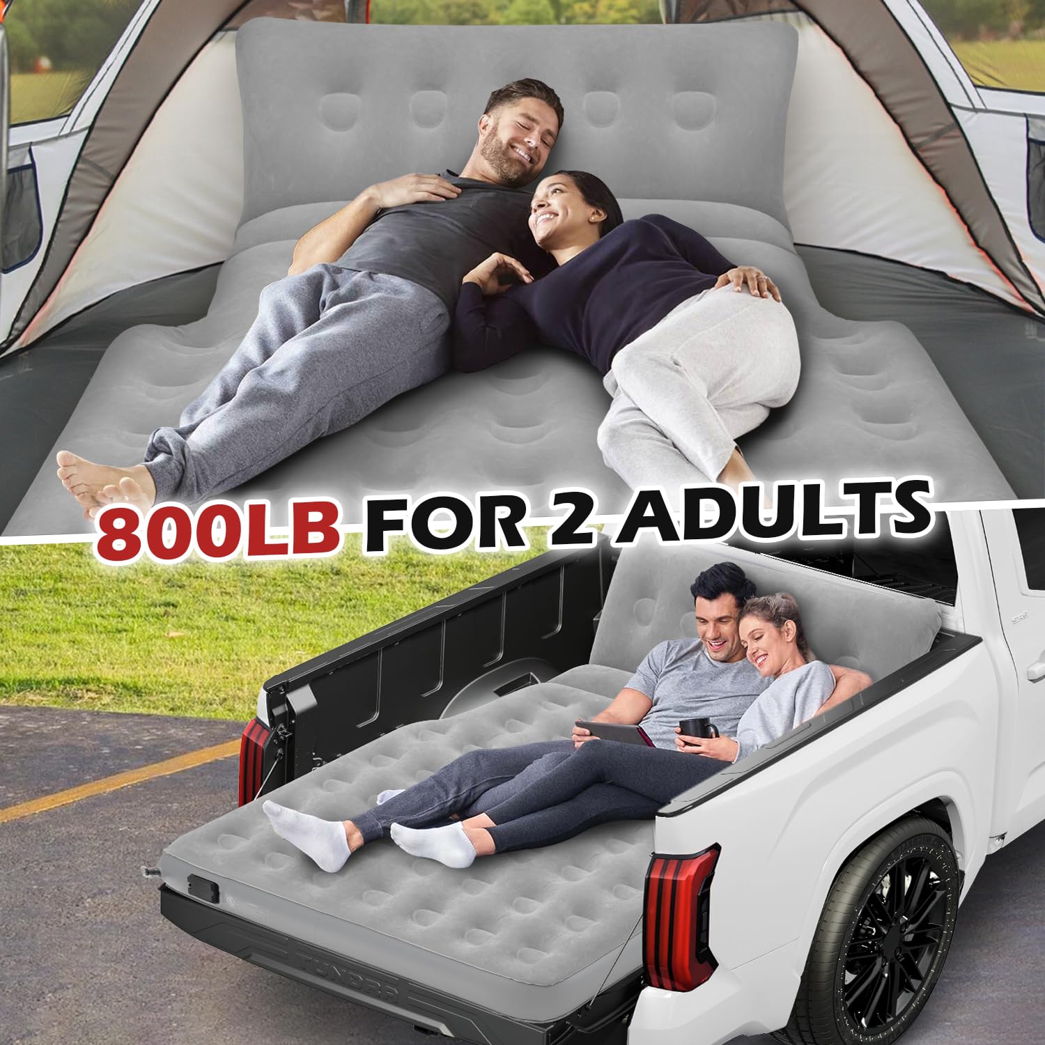 **5.5-6.5Ft Full Size Truck Bed Air Mattress with Built-in Pillow – Adjustable Self-Inflating Portable Airbed for Camping, Travel & Home Use – Supports 800 lbs**    **使用场景:** Perfect for truck camping, road trips, backyard sleepovers, guest beds, and outdoor adventures.