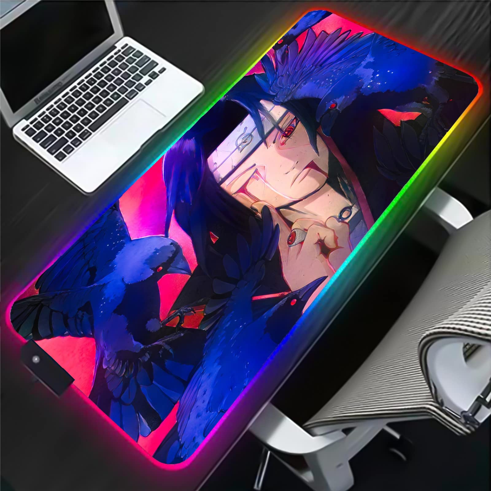 RGB Gaming Mouse Pad with 14 LED Lighting Modes - Large Extended Uchiha Itachi Design Mouse Mat with USB Port (35.4x15.7 inches) - Perfect for PC Gaming, Office Work & Anime Fans