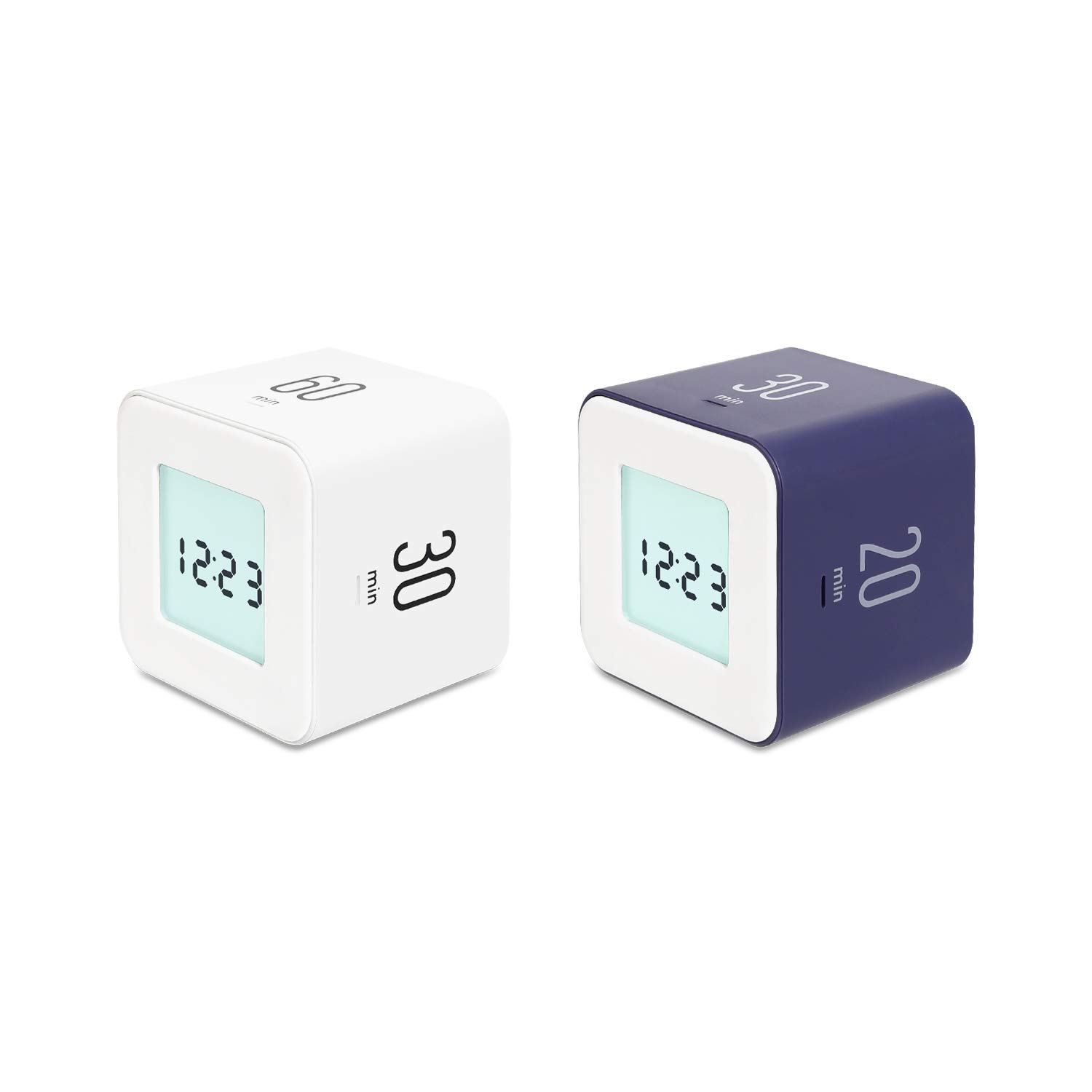 Mooas Multi Cube Timer Set - White (5/15/30/60 Minutes) & Violet (5/10/20/30 Minutes) - Digital Clock & Alarm Timer for Kitchen, Classroom, Office, Study and Productivity