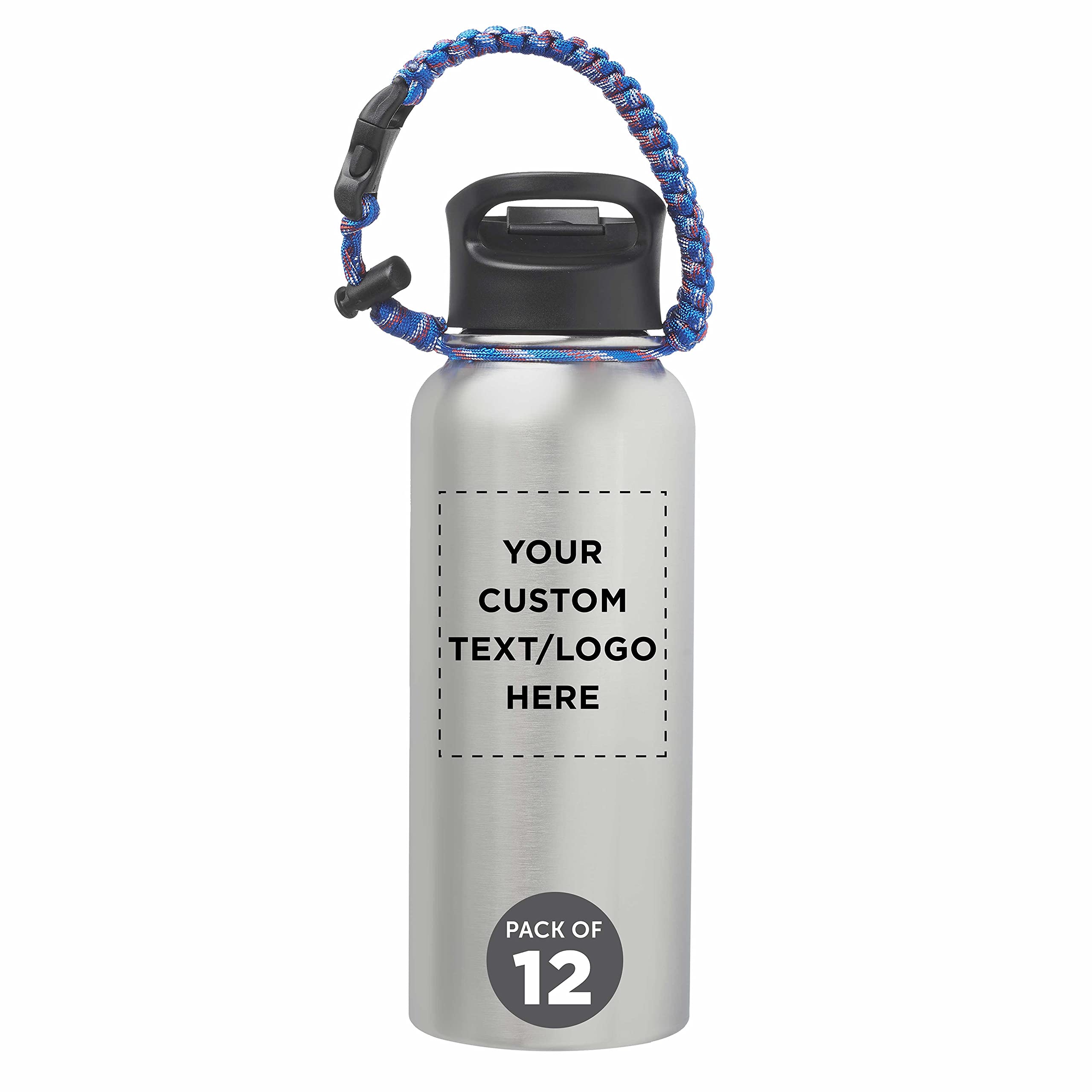 12 Pack 34oz Stainless Steel Water Bottles with Strap - Double Wall Vacuum Insulated, Custom Text & Logo - Silver - Perfect for Gym, Hiking, Office & Outdoor Activities