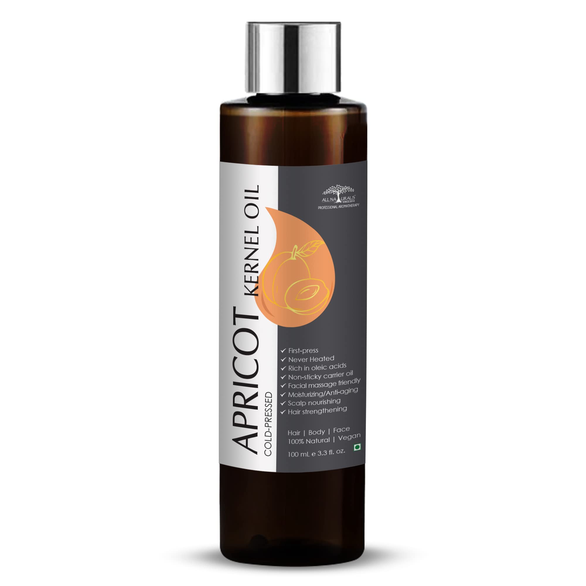 Organic Cold-Pressed Apricot Oil for Face, Hair & Body - 100% Pure, Natural, Anti-Aging, Promotes Hair Growth & Shiny Nails - 3.4 fl oz (100ml) - Ideal for Skincare, Haircare & Massage Therapy
