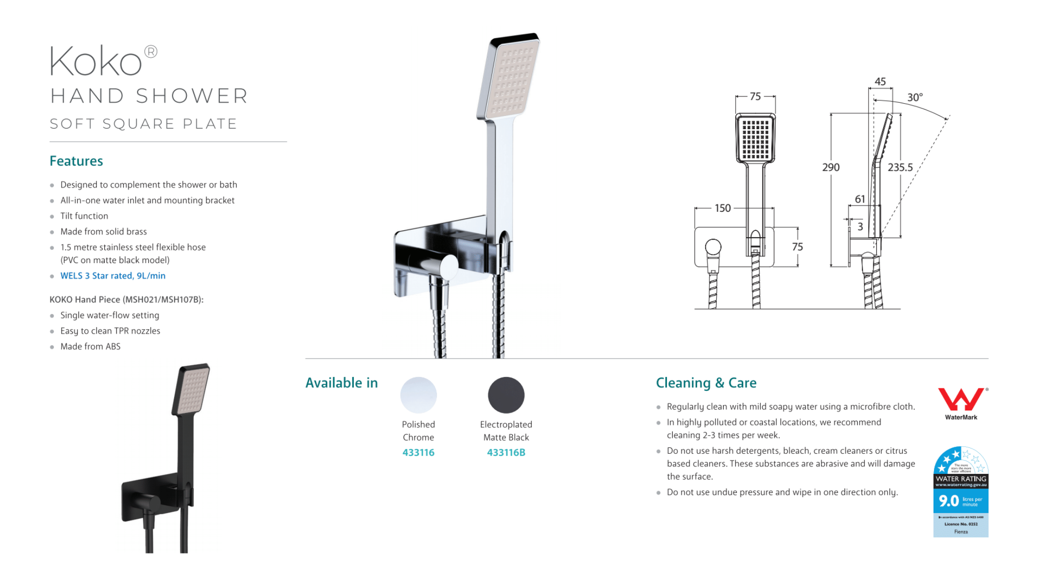 Fienza Koko Matte Black Handheld Shower Head - High Pressure Adjustable Spray for Bathroom, Spa & Relaxation