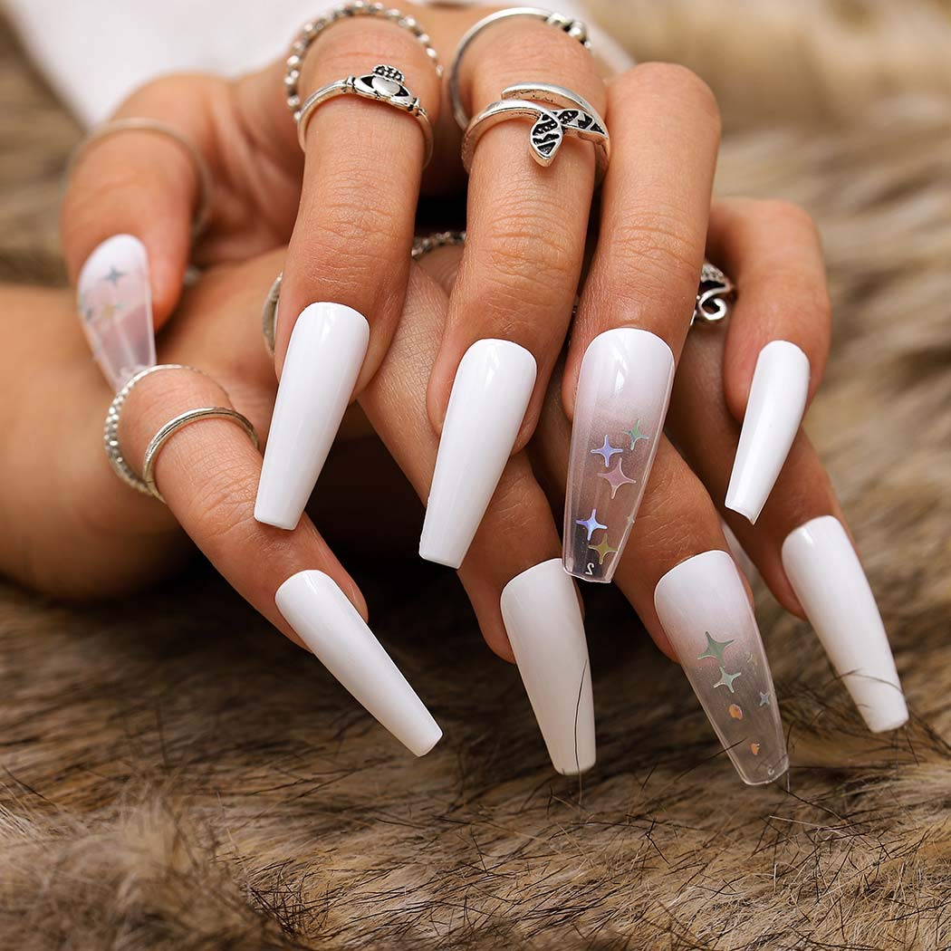 Gangel Coffin False Nails - 24Pcs Sparkle Star Acrylic Press on Nails, Long Ballerina Full Cover Fake Nails in Pure White | Perfect for Christmas Parties, Weddings, and Special Occasions | Gifts for Women and Girls
