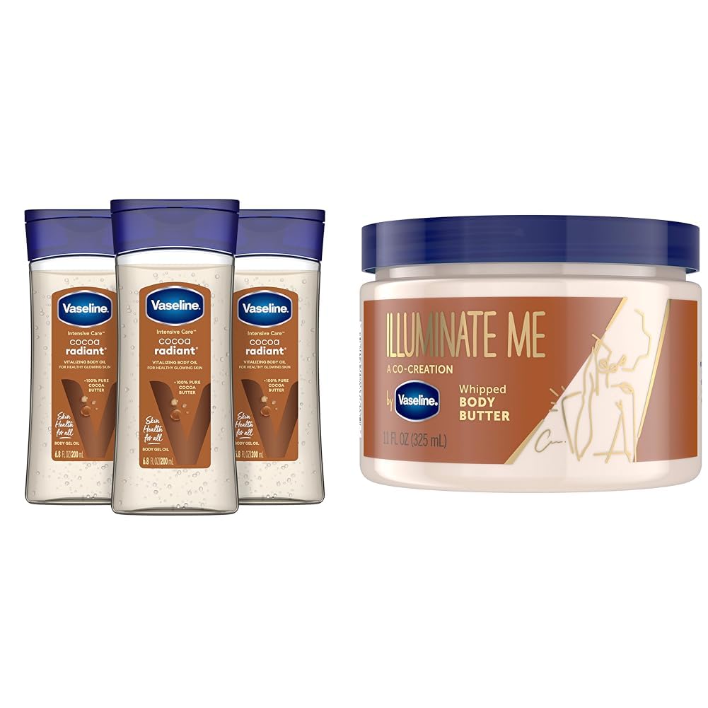 Vaseline Intensive Care Cocoa Radiant Body Oil & Whipped Butter Set - 3-Piece Moisturizing Skincare for Glowing Skin - Perfect for Dry Skin Care & Nighttime Hydration