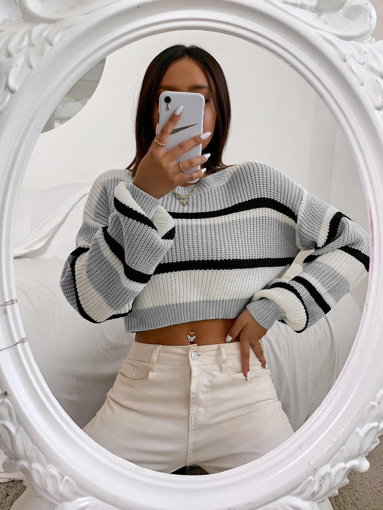 ZAFUL Women's Color Block Striped Cropped Sweater - Crew Neck Lantern Sleeve Loose Knit Top for Casual Wear | Perfect for Fall Outfits, Date Nights & Cozy Layering