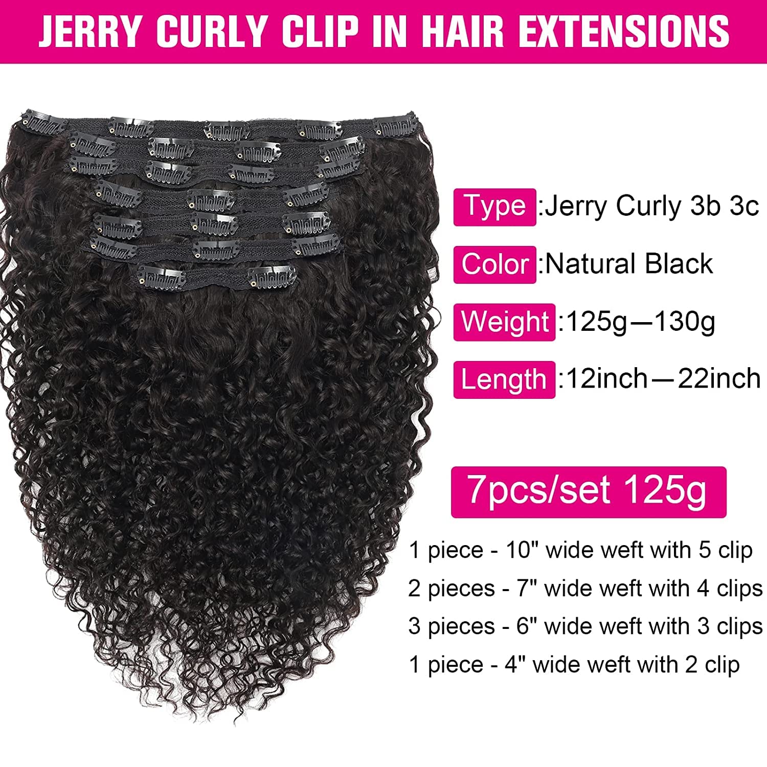 Jerry Curly Clip in Hair Extensions 14 Inch Real Human Hair 3B 3C Curly Hair Weft - 7Pcs Brazilian Virgin Hair with 24 Clips for Black Women | Easy to Blend, Natural Look | Perfect for Daily Wear, Parties & Special Occasions
