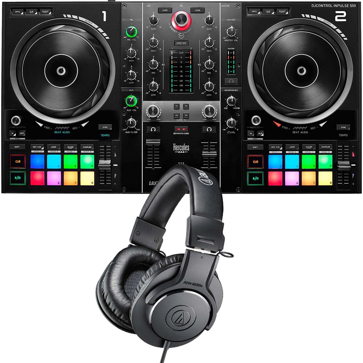 Hercules DJControl Inpulse 500 Professional 2-Channel DJ Controller with ATH-M20X Headphones Bundle - Perfect for DJs, Music Producers & Home Studio Recording